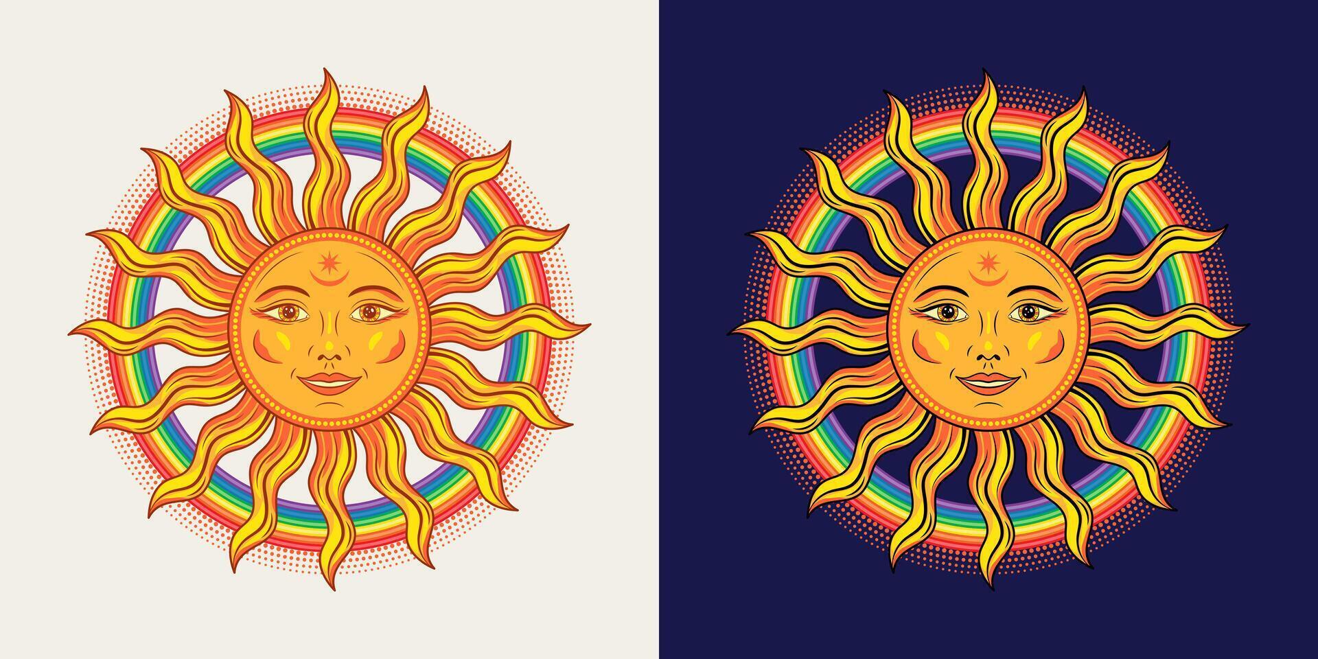 Circular label with sun with smiling face, rainbow. Concept of harmony, good vibes, mood. Groovy, hippie style. For clothing, apparel, T-shirts, kids design vector