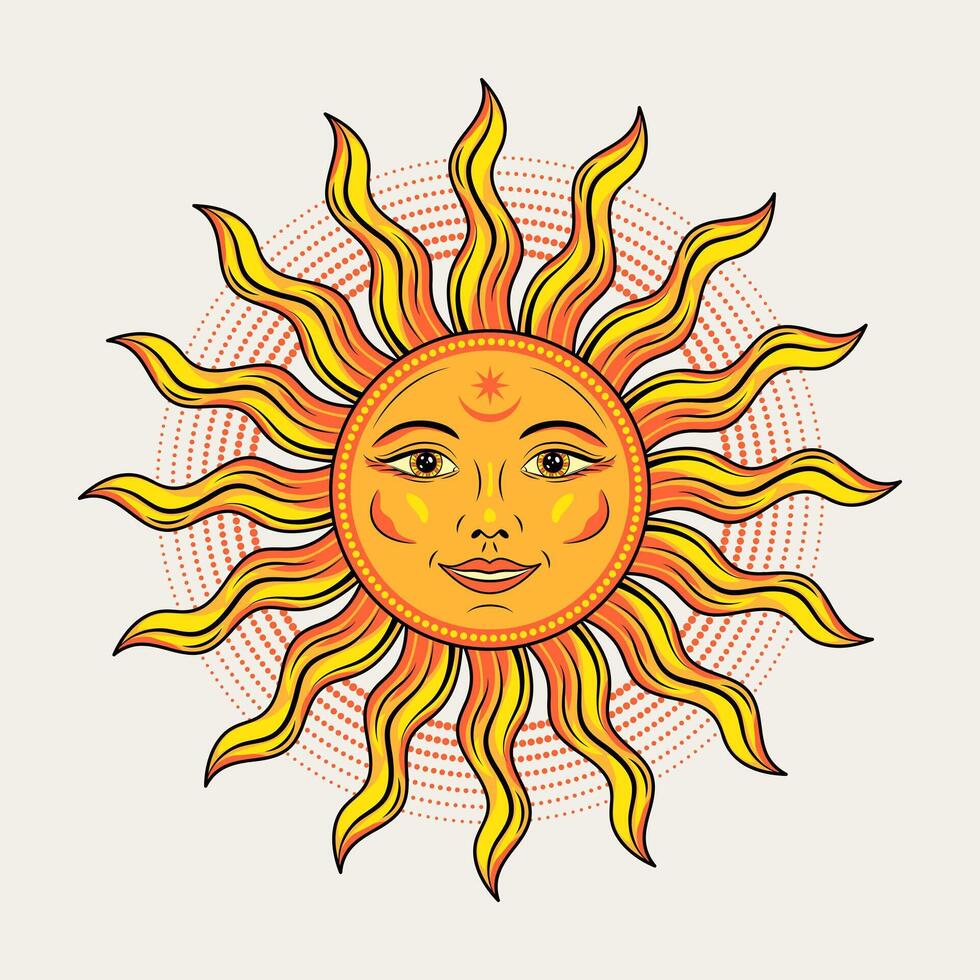 Sun with face, open eyes, smile. Mythological fairytale character, alchemy and astrology symbol. Solar sign. Illustration in vintage style on white background. Groovy, boho, hippie style, kids design vector