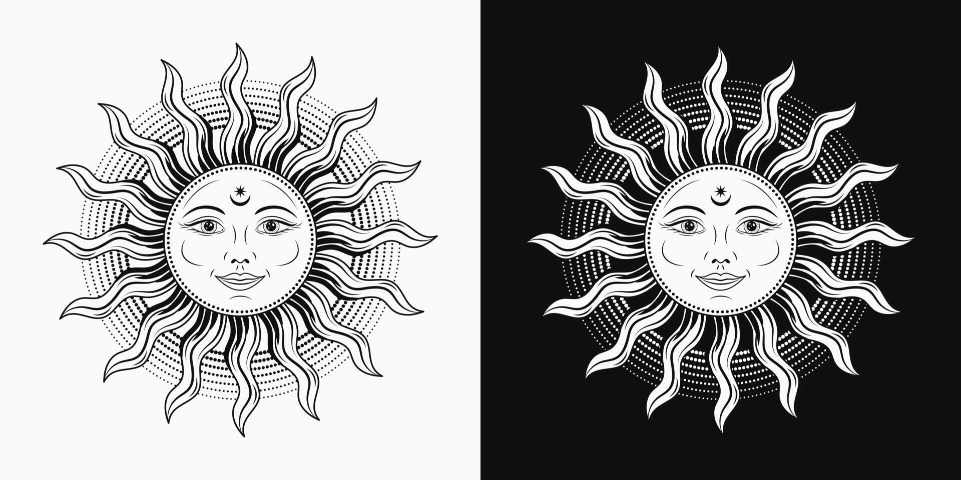 Sun with face, open eyes, smile. Mythological fairytale character, alchemy and astrology symbol. Solar sign. Illustration in vintage style. Groovy, boho, hippie style, kids design vector