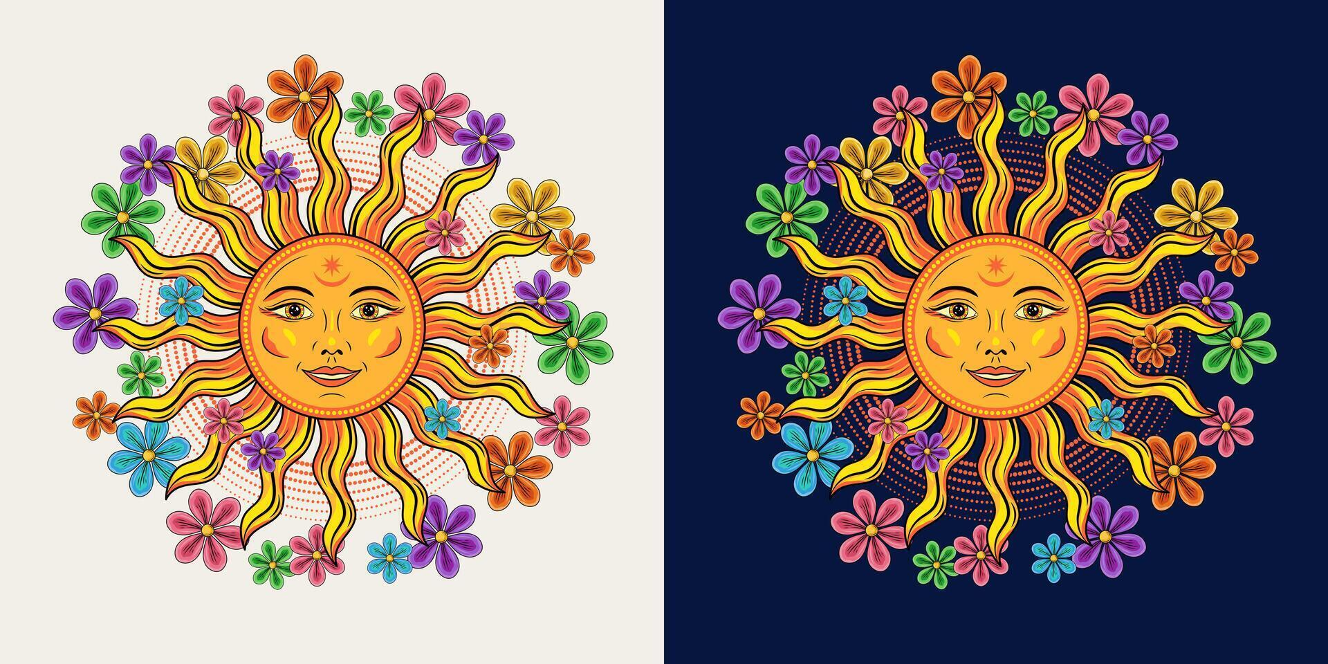Circular label with sun with smiling face. Scattered around little chamomile flowers. Groovy hippie retro boho style. Clothing, apparel, T-shirts, kids design vector