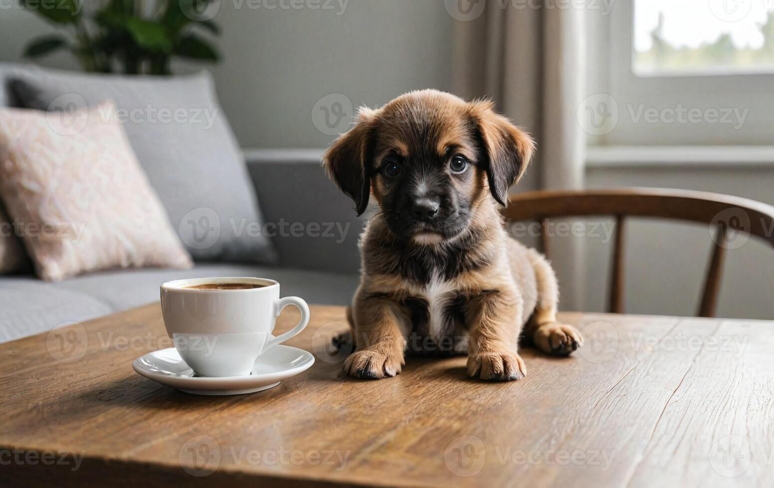 a small puppy near a mug of coffee photo