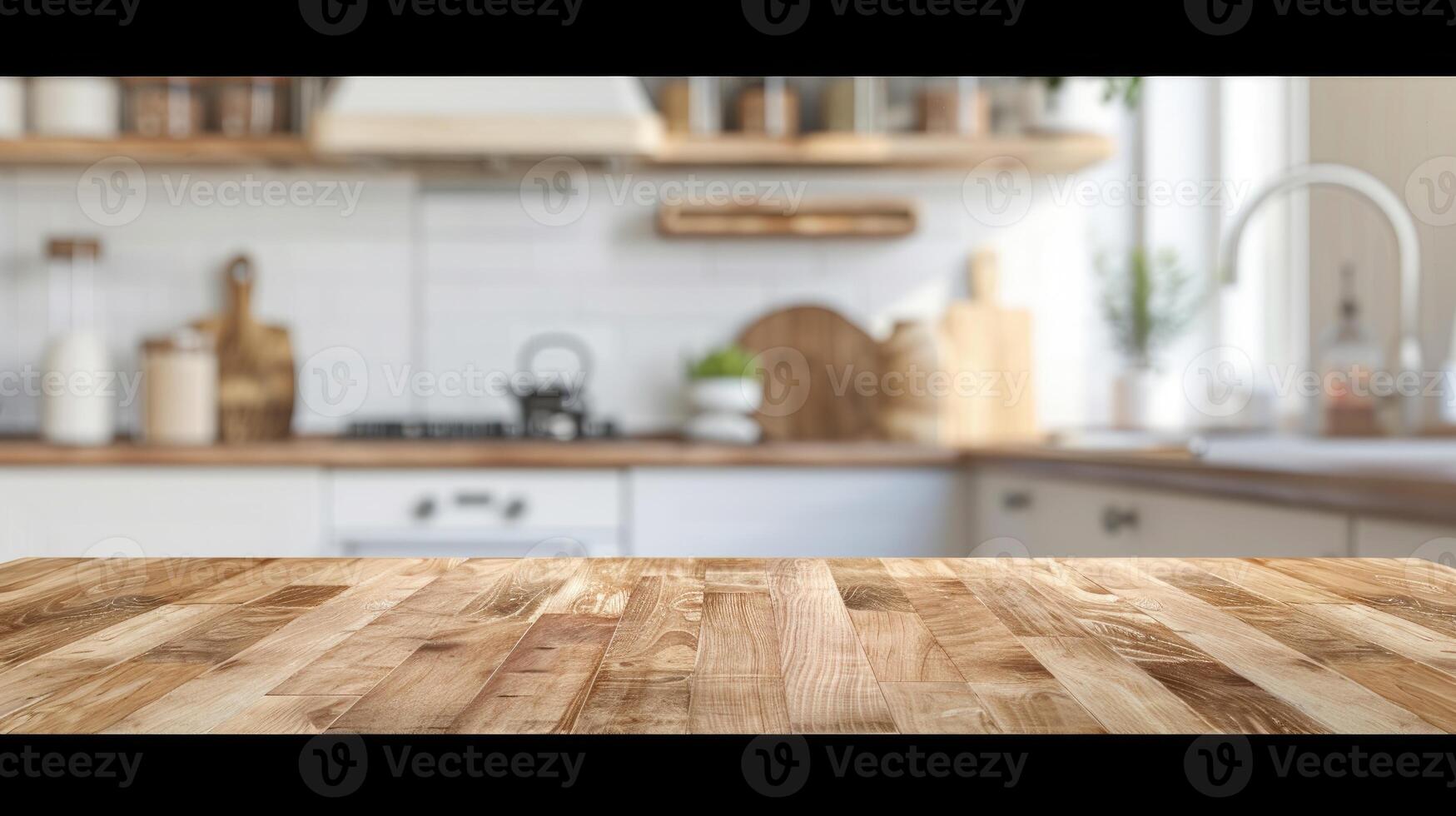 Wood table top on blurred kitchen background. photo