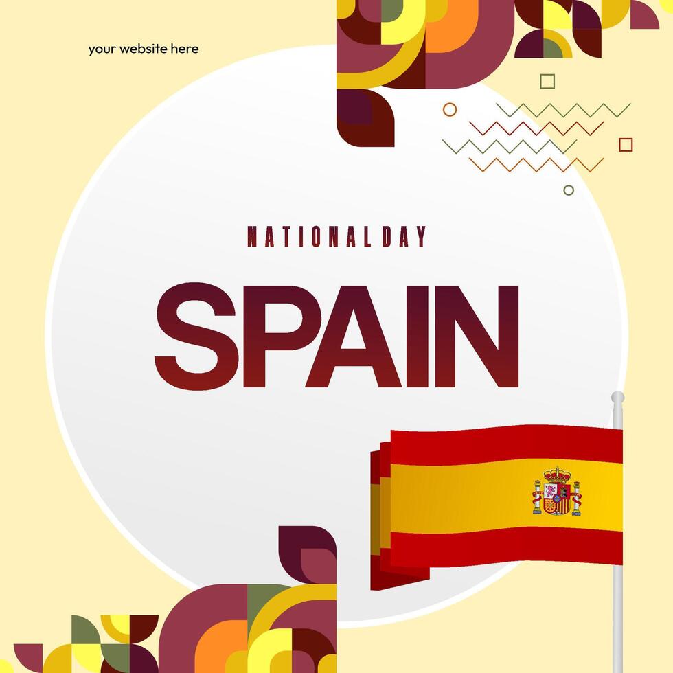 Spanish National Day square banner in colorful modern geometric style. National and Independence Day greeting card with Spain flag. Background celebrating national holiday party vector