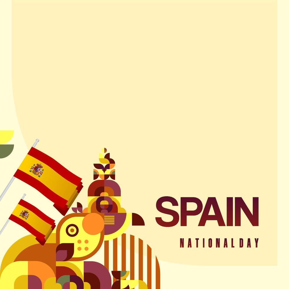 Spanish National Day square banner in colorful modern geometric style. National and Independence Day greeting card with Spain flag. Background celebrating national holiday party vector