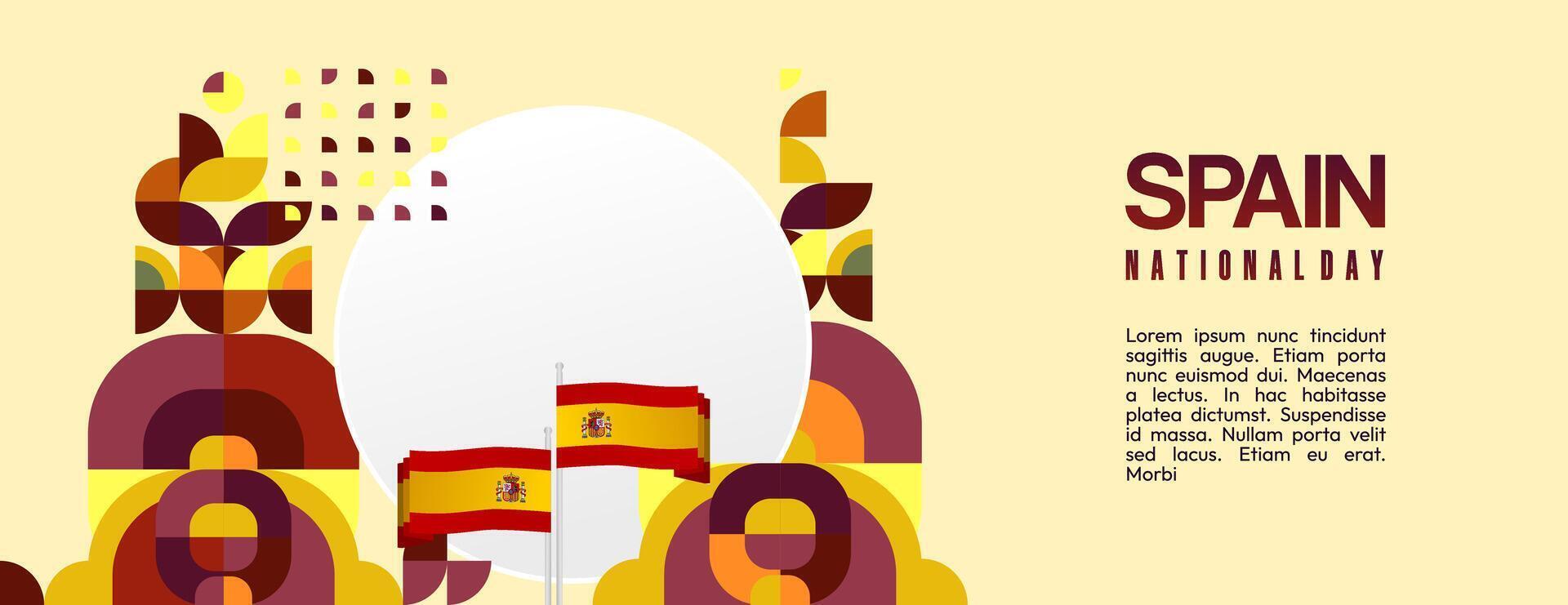 Spanish National Day wide banner in colorful modern geometric style. National and Independence Day greeting card with Spain flag. Background celebrating national holiday party vector