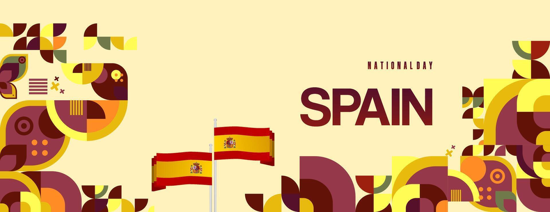 Spanish National Day wide banner in colorful modern geometric style. National and Independence Day greeting card with Spain flag. Background celebrating national holiday party vector