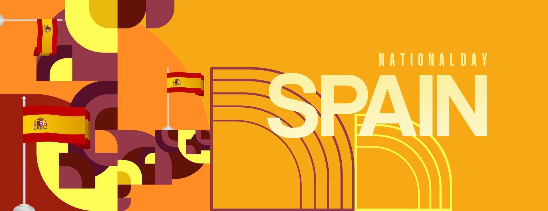 Spanish National Day wide banner in colorful modern geometric style. National and Independence Day greeting card with Spain flag. Background celebrating national holiday party vector