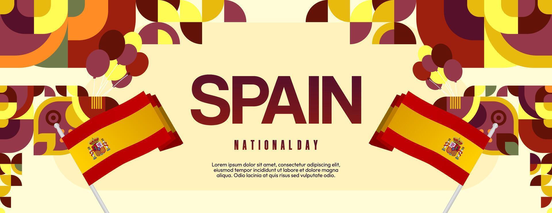 Spanish National Day wide banner in colorful modern geometric style. National and Independence Day greeting card with Spain flag. Background celebrating national holiday party vector