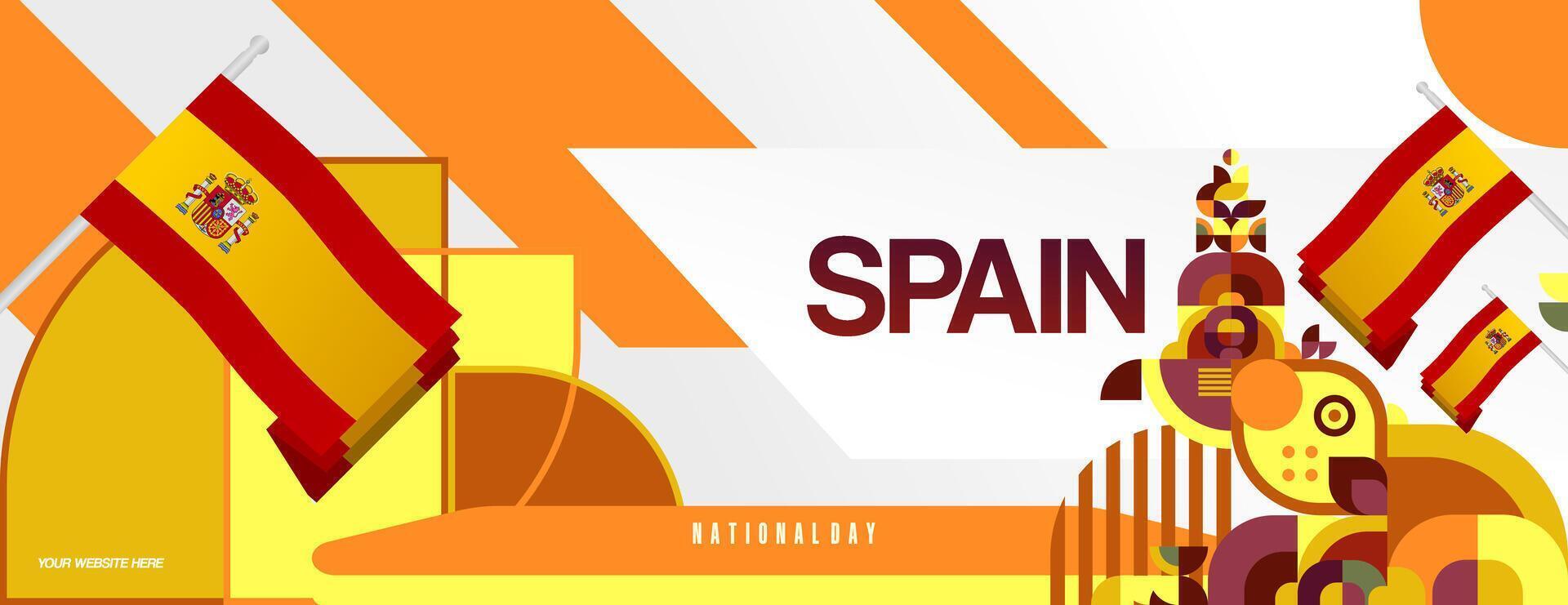 Spanish National Day wide banner in colorful modern geometric style. National and Independence Day greeting card with Spain flag. Background celebrating national holiday party vector