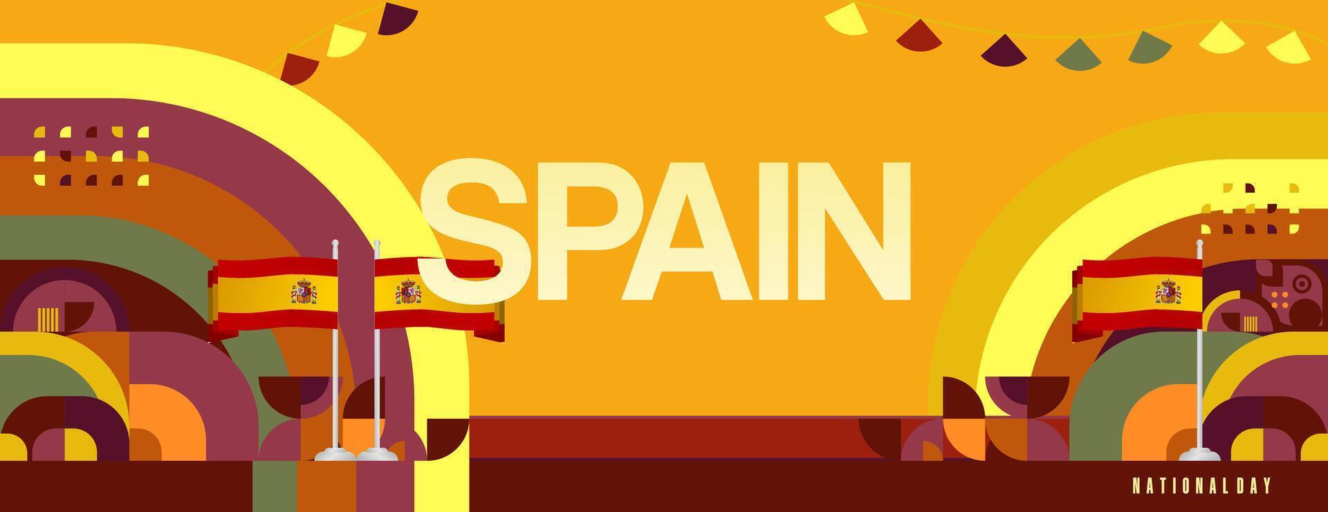 Spanish National Day wide banner in colorful modern geometric style. National and Independence Day greeting card with Spain flag. Background celebrating national holiday party vector