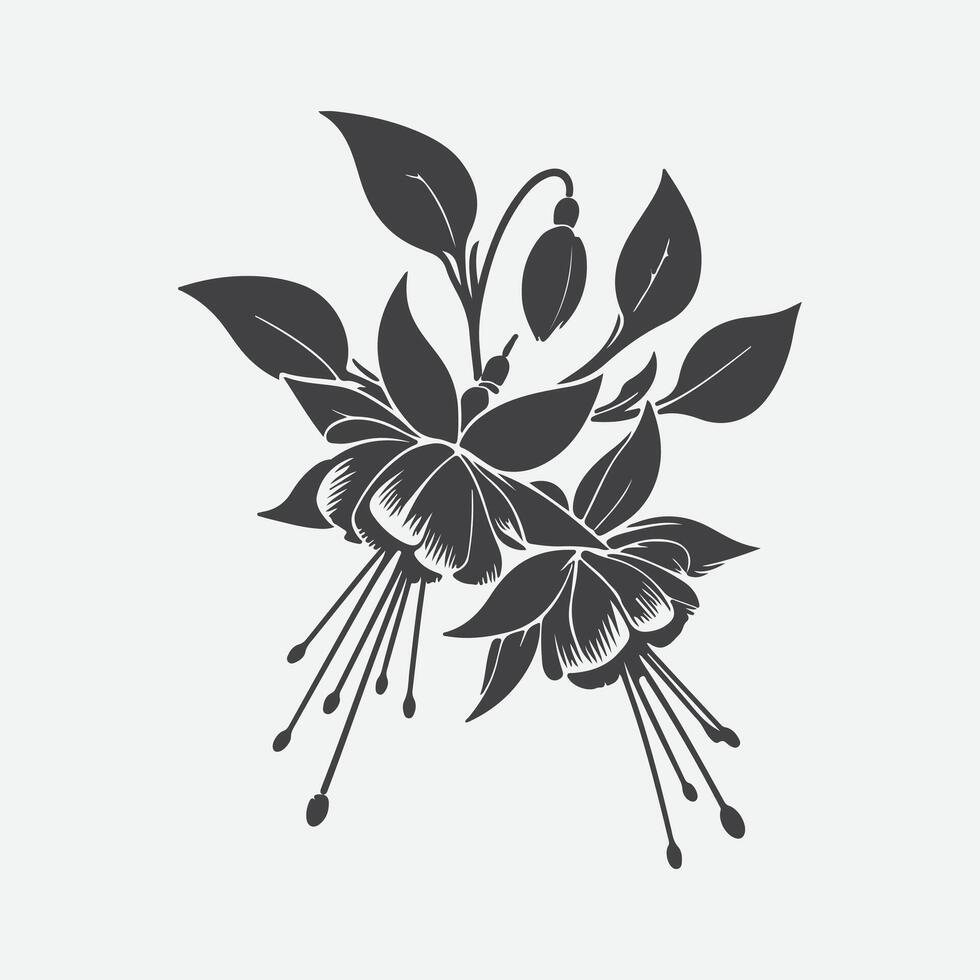 Print Elegant Fuchsia Flower Silhouette, A Stunning Botanical Masterpiece vector