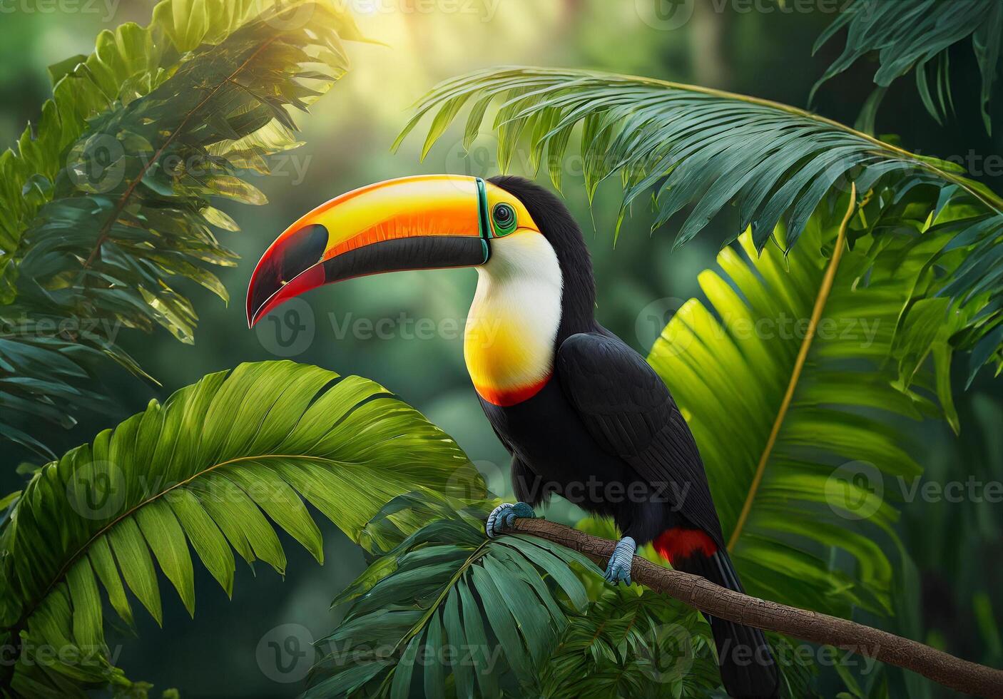 Toucan bird on a branch of a tropcal tree in a jungle, Toucan in tropical leaves portrait, elegant tropical bird, wild rainforest bird portrait photo