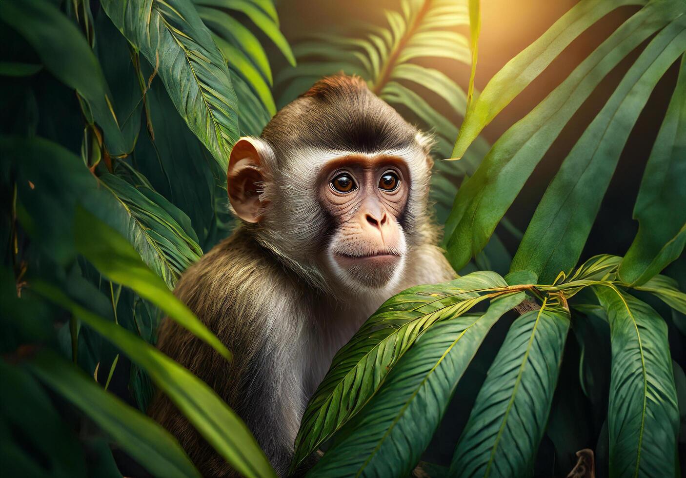 Baby Macaque monkey behind the tropical leaves of a jungle photo