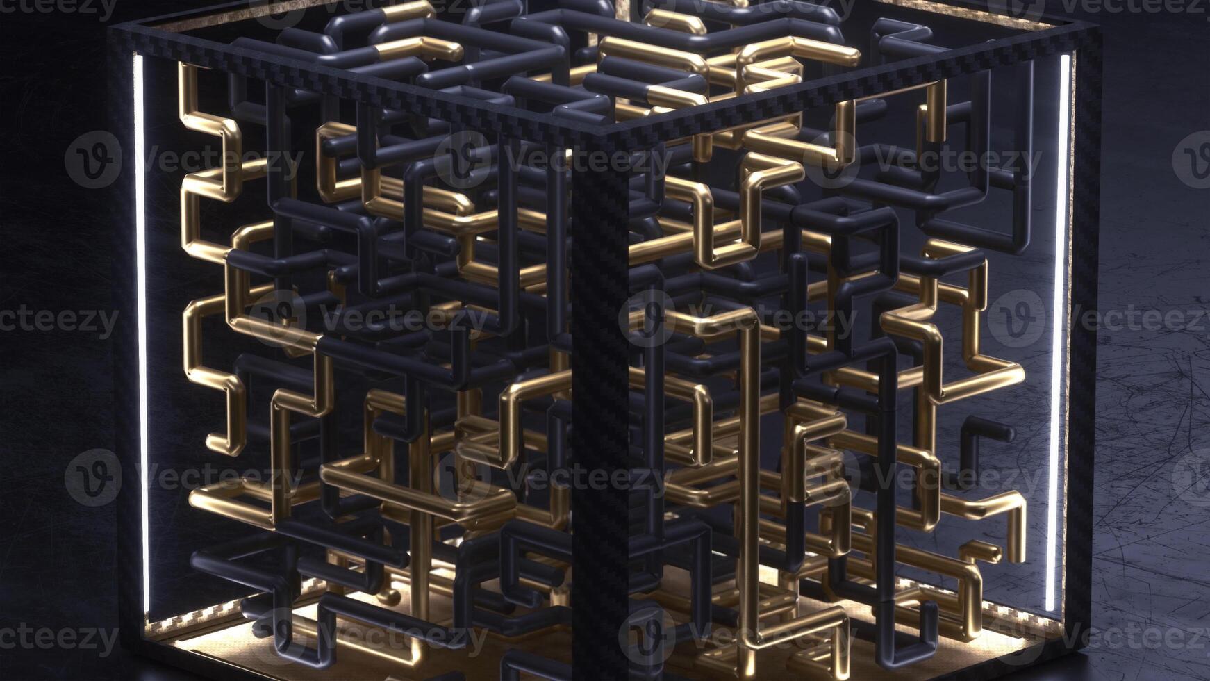 3d render cube with gold and black maze animation inside photo