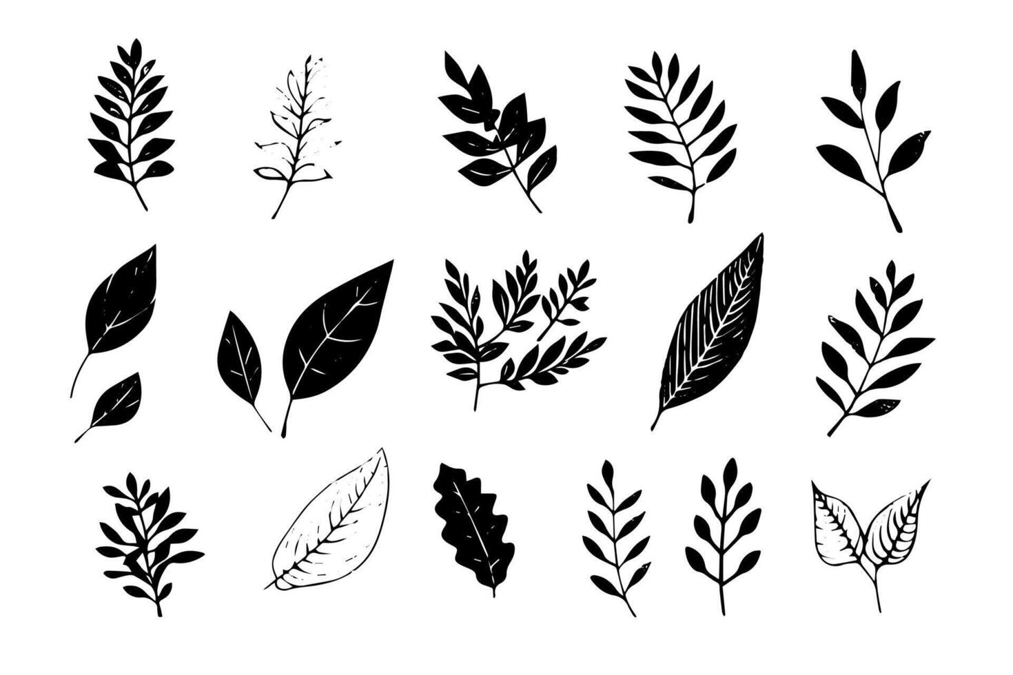 Set of lino cut stamp black leaves and branch imprints on white background. Hand drawn floral elements. vector
