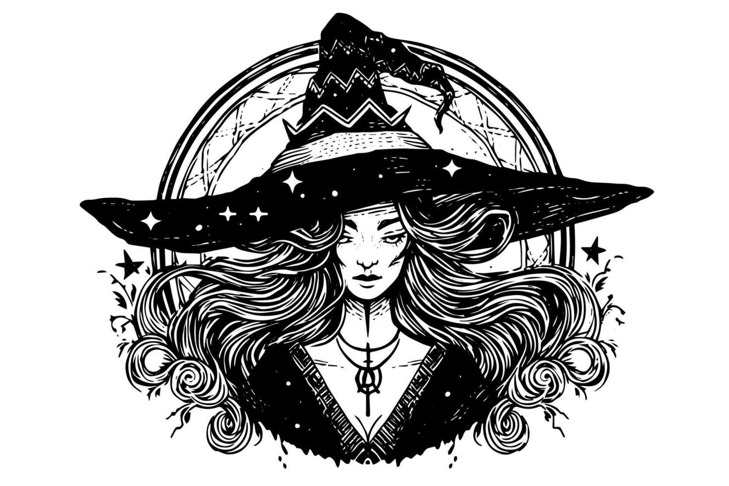 Witch halloween woman hand drawn ink sketch. Engraving style illustration vector