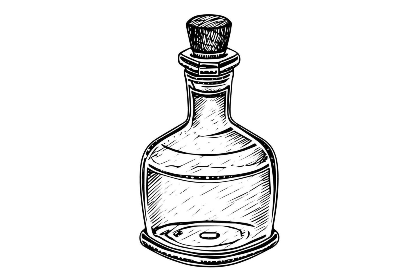 Bottle with wooden stopper hand drawn ink sketch. Engraved style illustration. vector