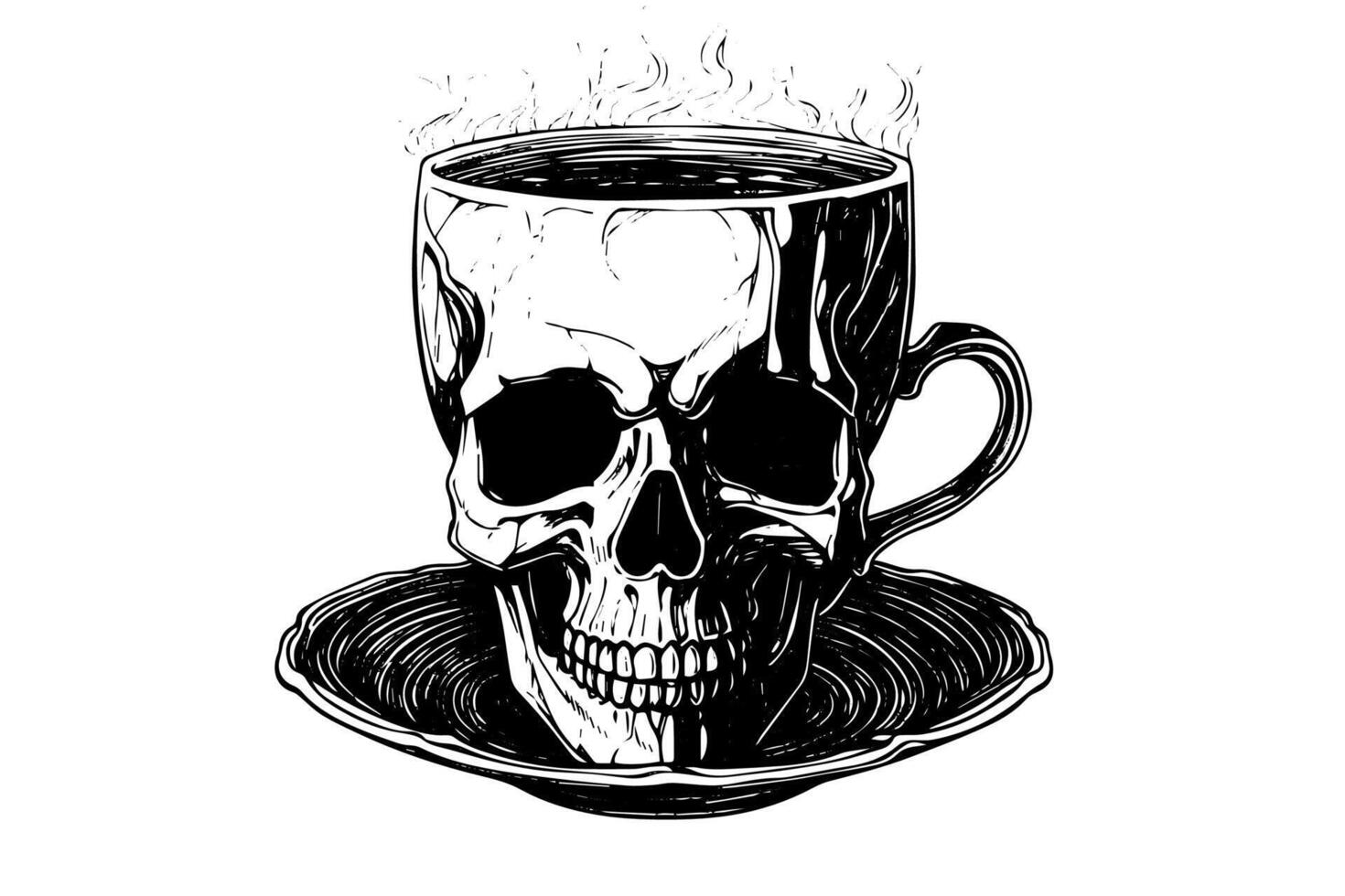 Skull cup with coffee hand drawn ink sketch. Engraved style illustration. vector