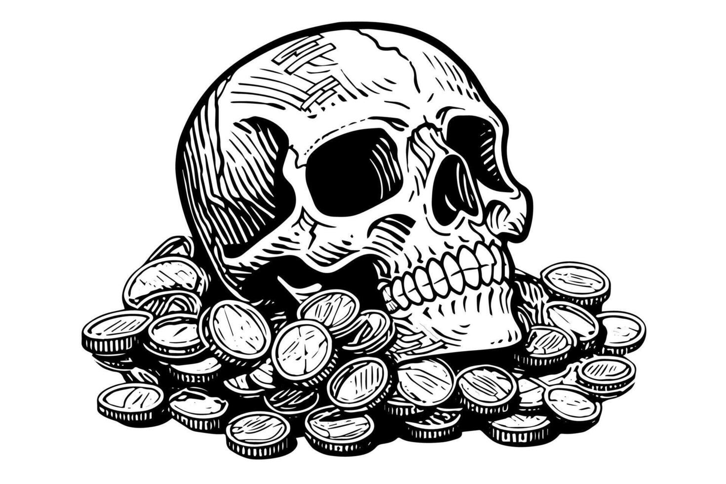 Skull lies on the coins hand drawn ink sketch. Engraved style vecotr illustration. vector