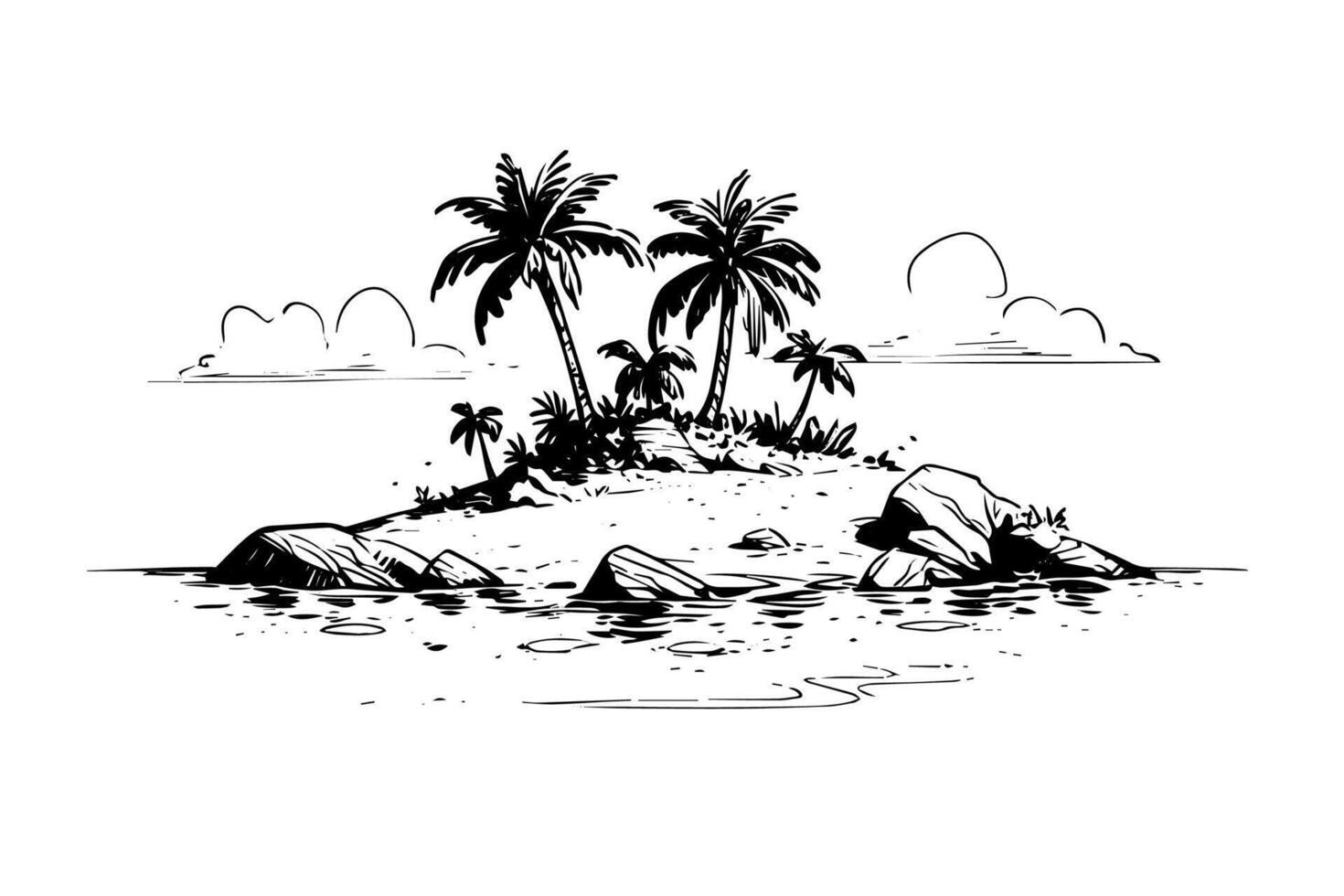 Islands with palms landscape hand drawn ink sketch. Engraving style illustration. vector