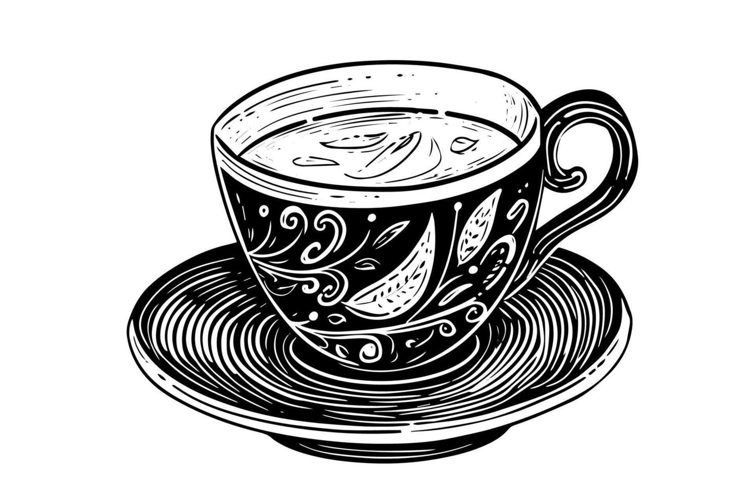 Vintage cup on a plate hand drawn ink sketch. Engraved style illustration. vector