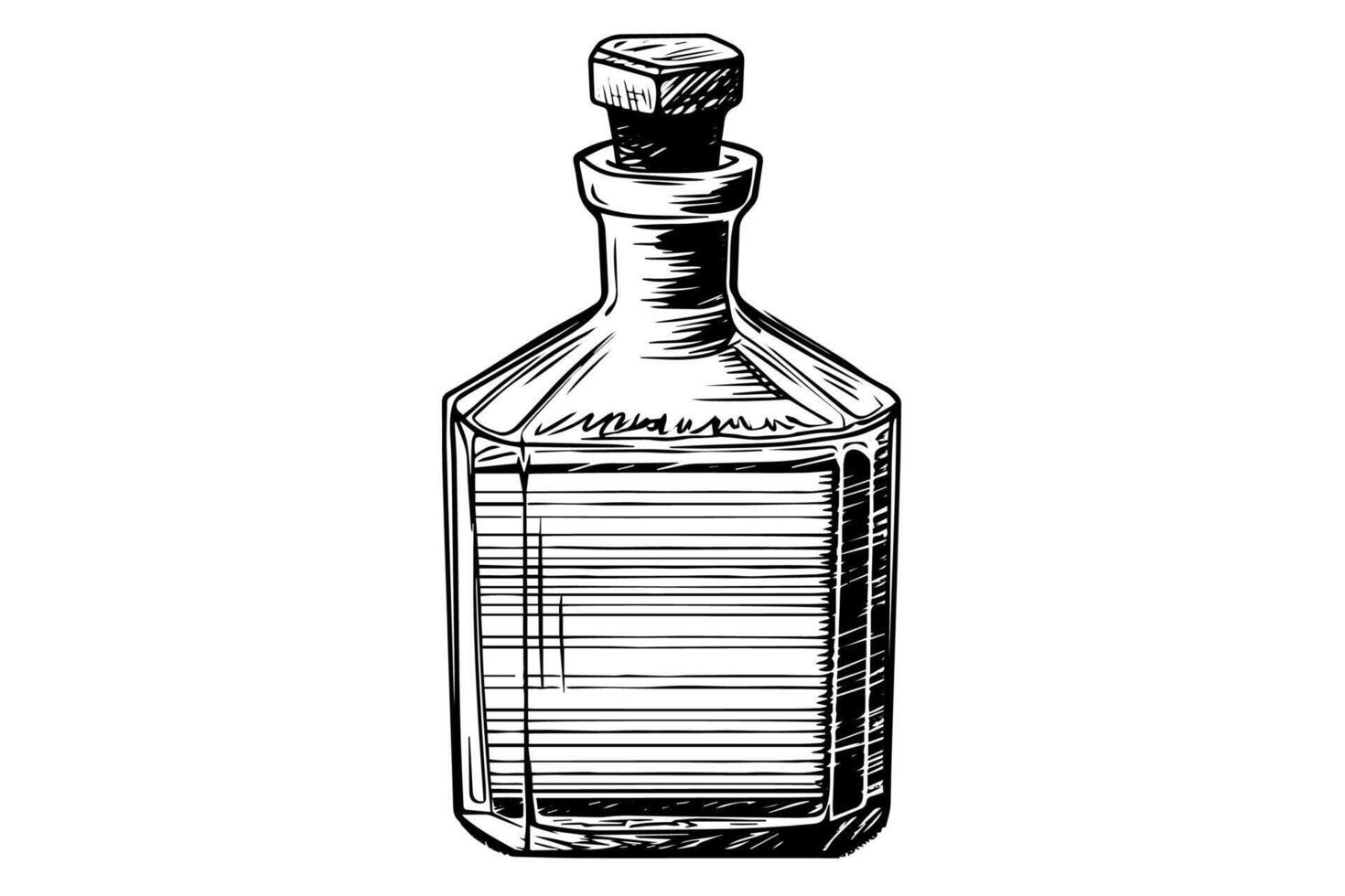 Bottle with wooden stopper hand drawn ink sketch. Engraved style illustration. vector