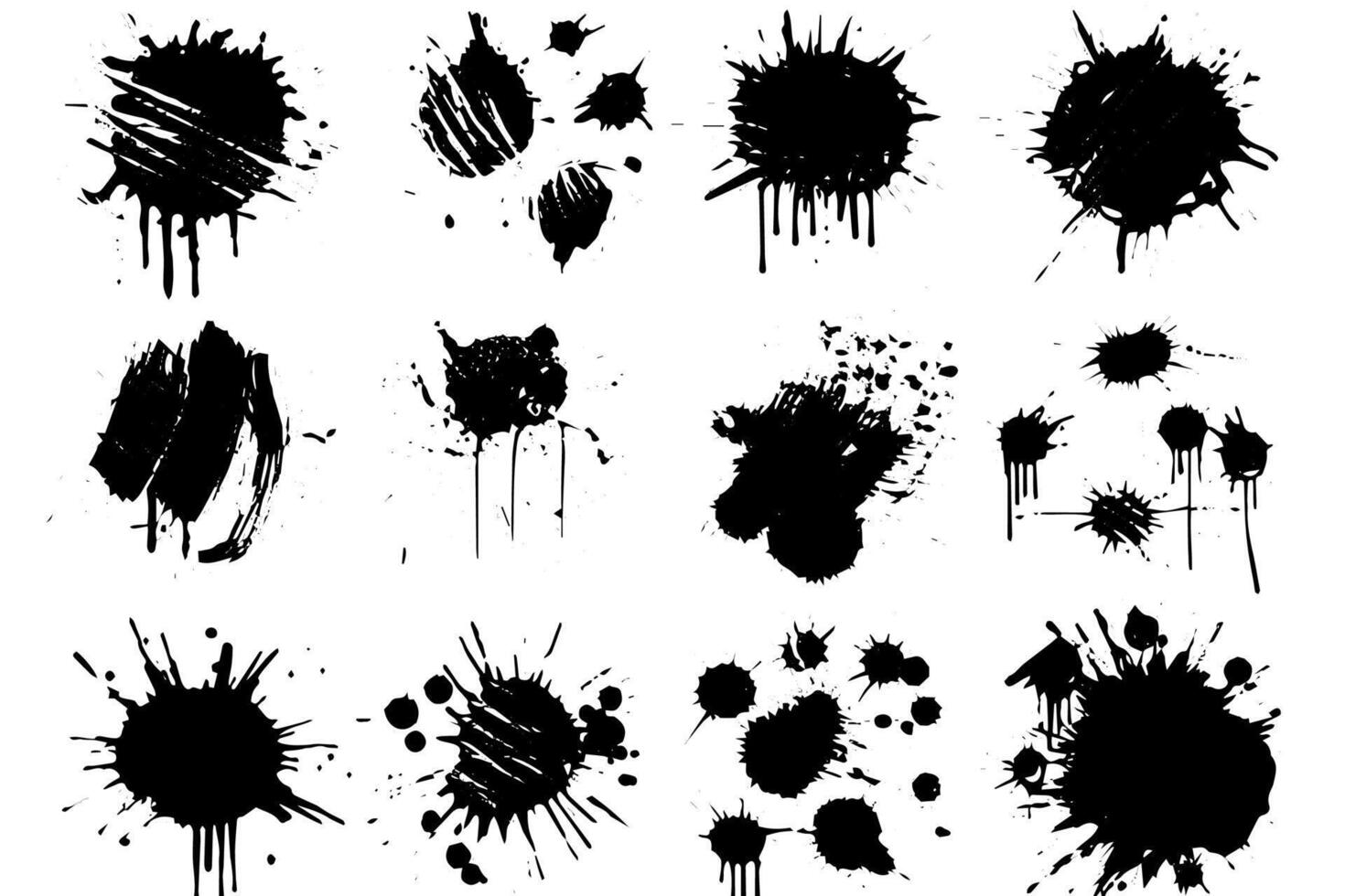 Ink Splash Set Abstract Grunge Stains, Drops, and Spatters in Black and White. vector