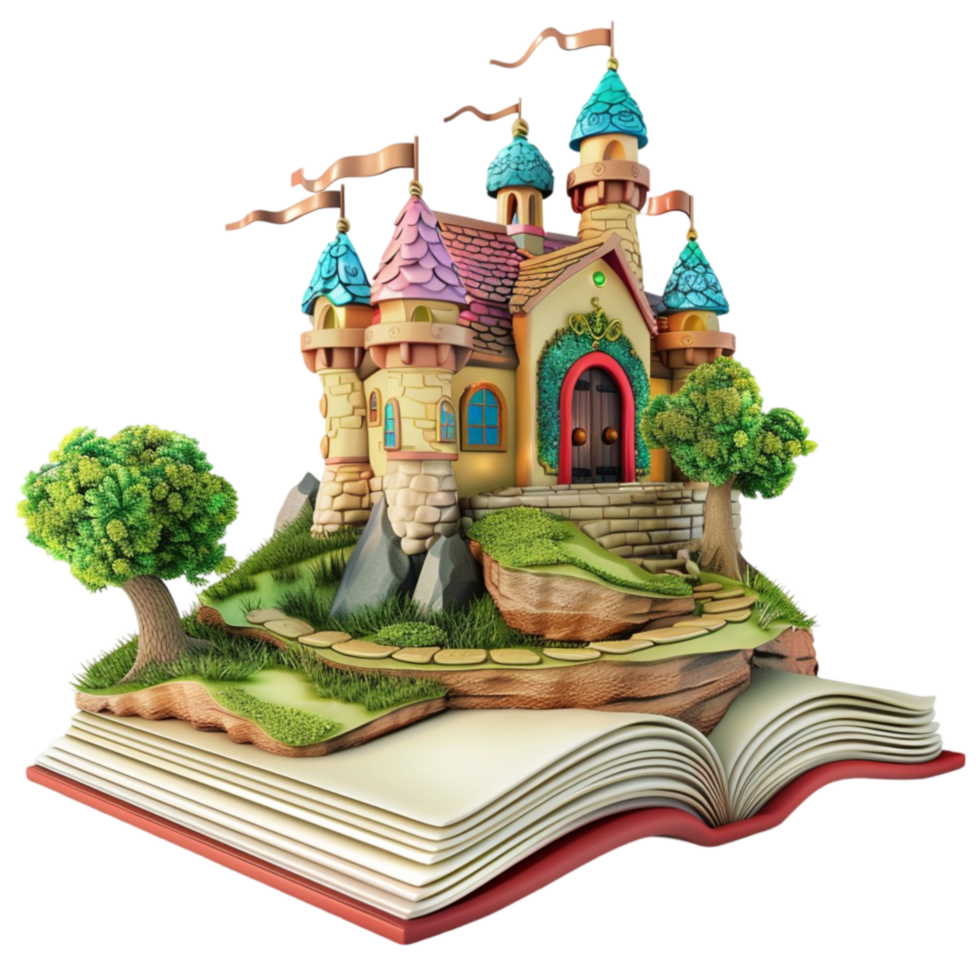 a book with a castle on top of it, with a tree and a tree AI-Generated png