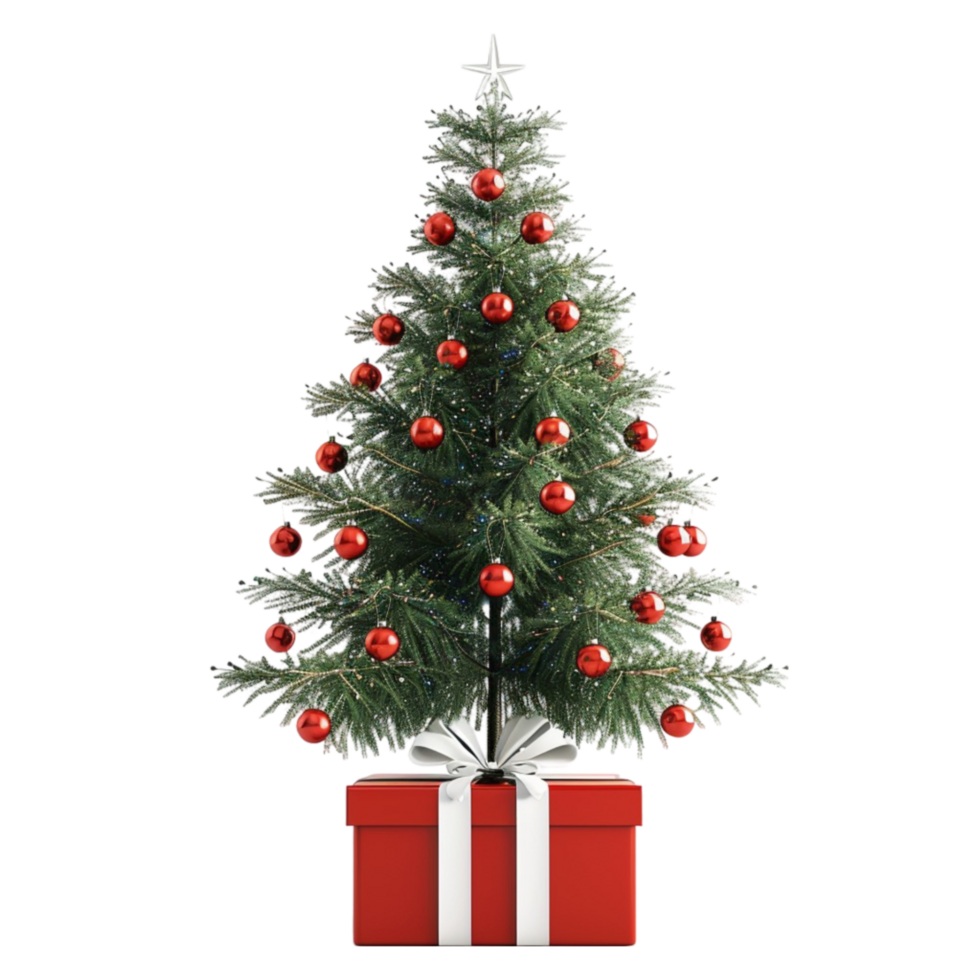 Christmas tree with red balls and gift box on transparent background AI-Generated png