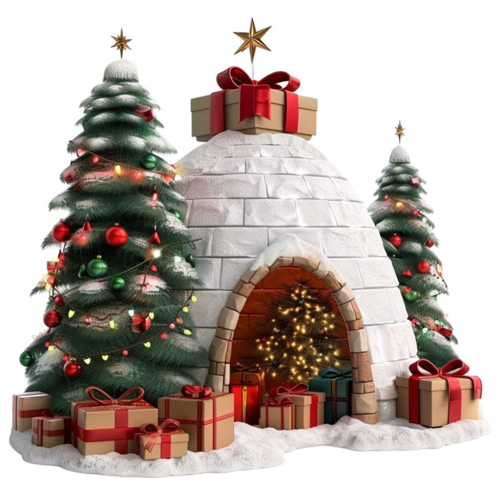 3d igloo with Christmas tree and presents on transparent background AI-Generated png