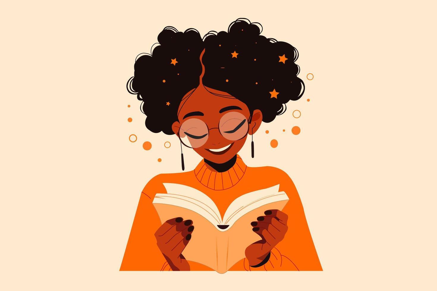 Young black girl reading a book. Modern flat illustration. Young student with open book studying for exam. Love to read vector