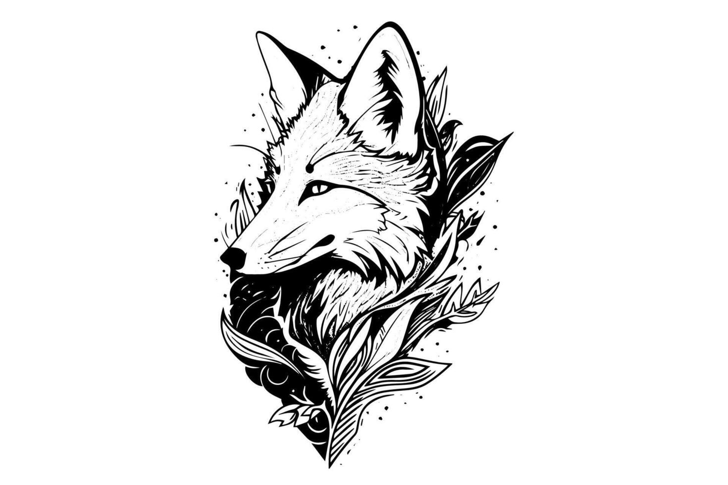 Fox head framed with flowers hand drawn ink sketch. Engraving style illustration. vector