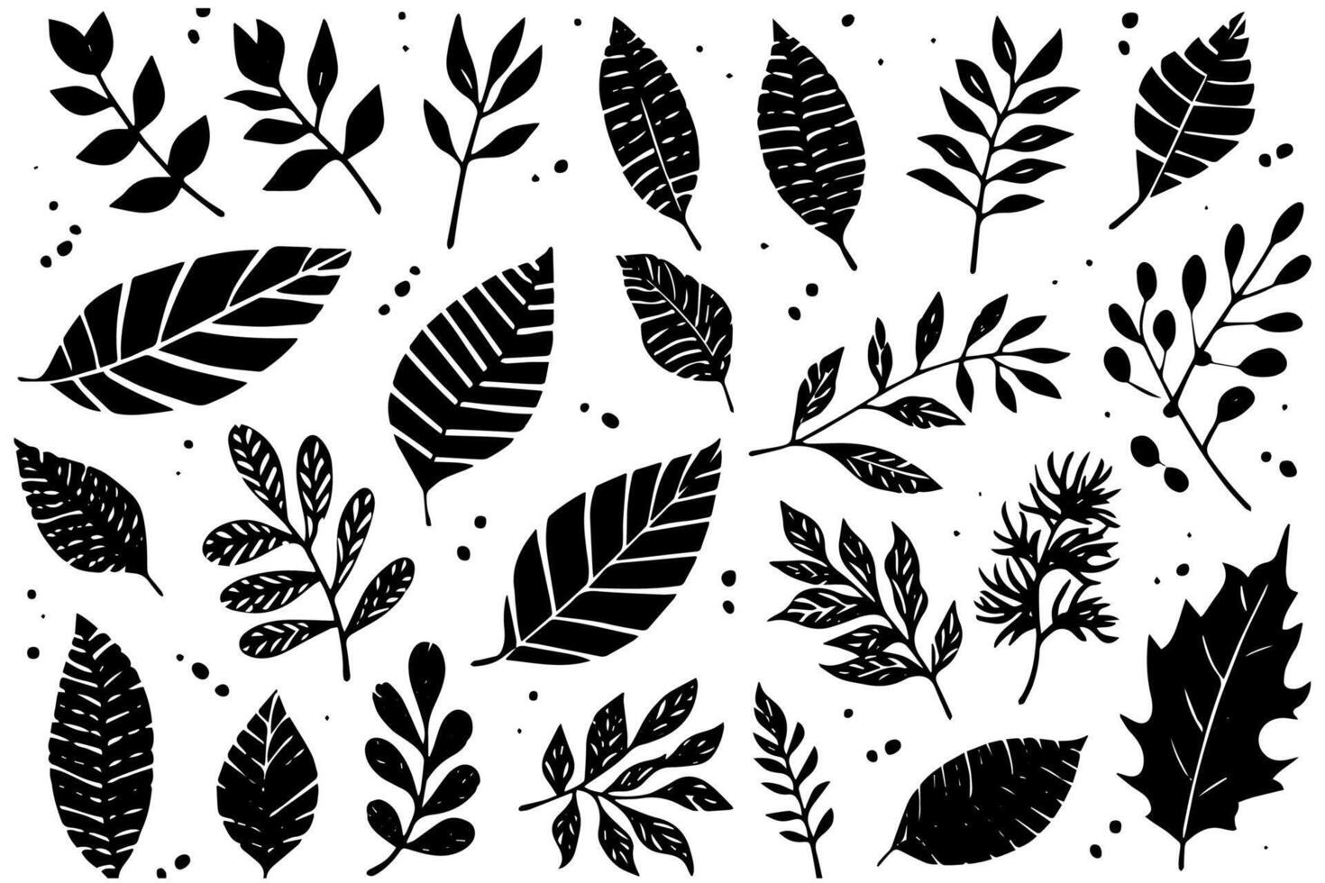 Set of lino cut stamp black leaves and branch imprints on white background. Hand drawn floral elements. vector