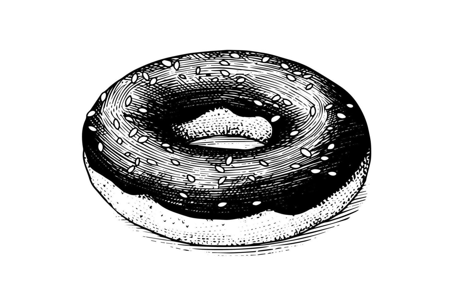 Tasty chocolate donut engraving style. Hand drawn ink sketch illustration. vector