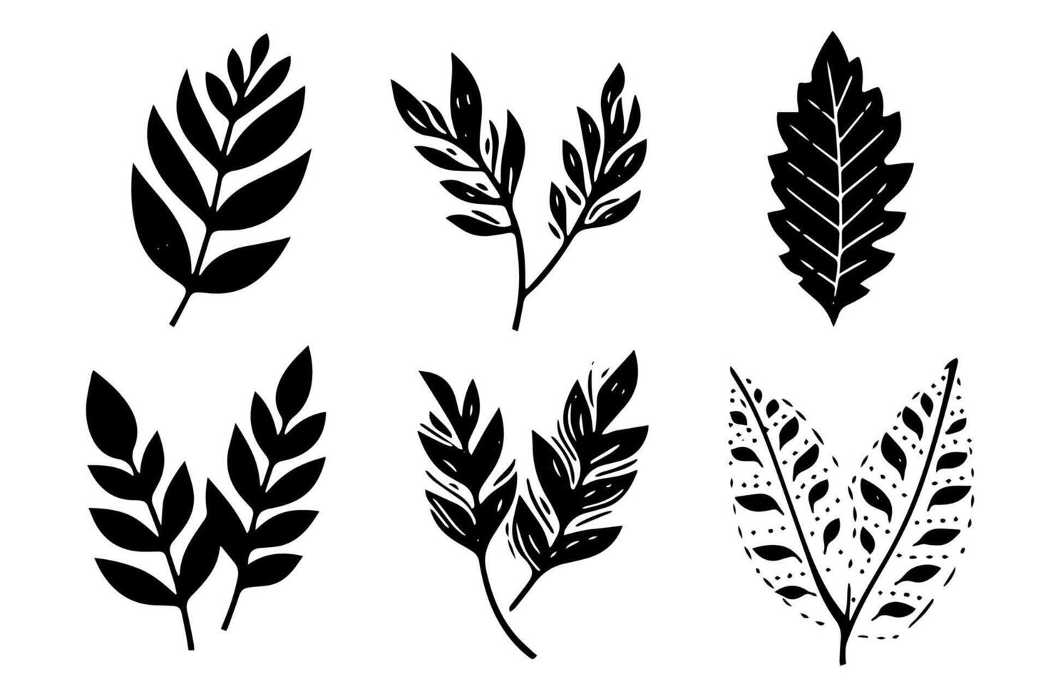 Set of lino cut stamp black leaves and branch imprints on white background. Hand drawn floral elements. vector