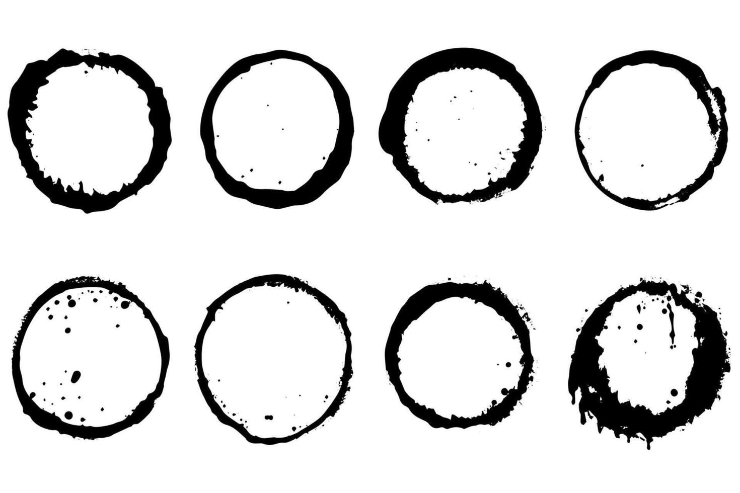 Black shapes of wine circle and coffee ring stains. Dirty splashes and spots Hand drawn tea or ink ring stains on white background. vector