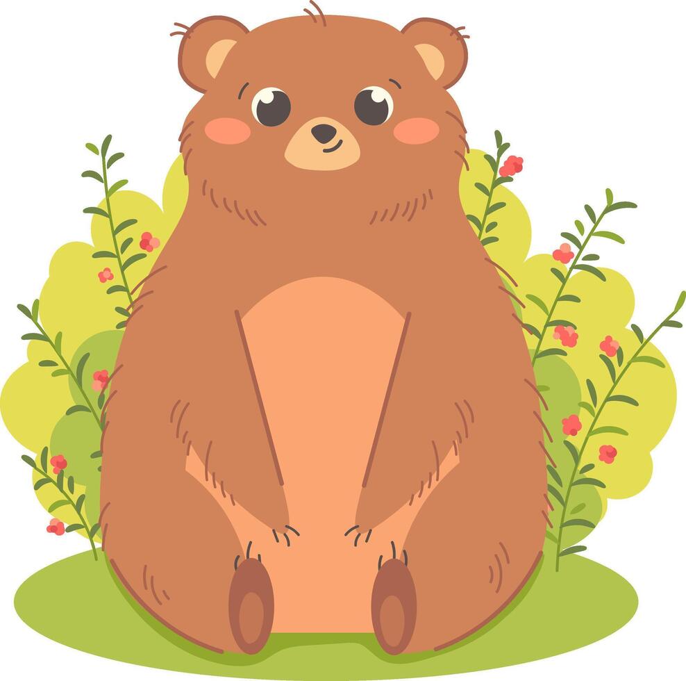 Cute cartoon bear sitting near raspberry bush. illustration on white background for children vector