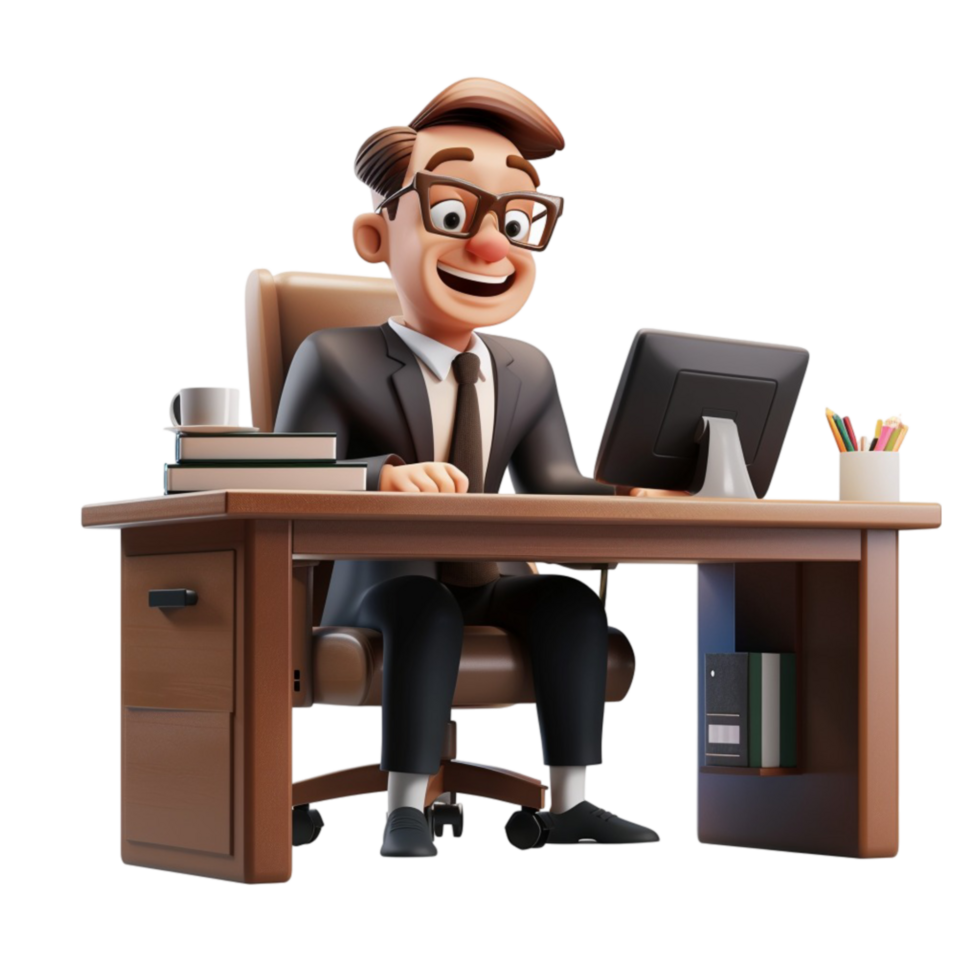 cartoon man in suit sitting at desk with computer AI-Generated png