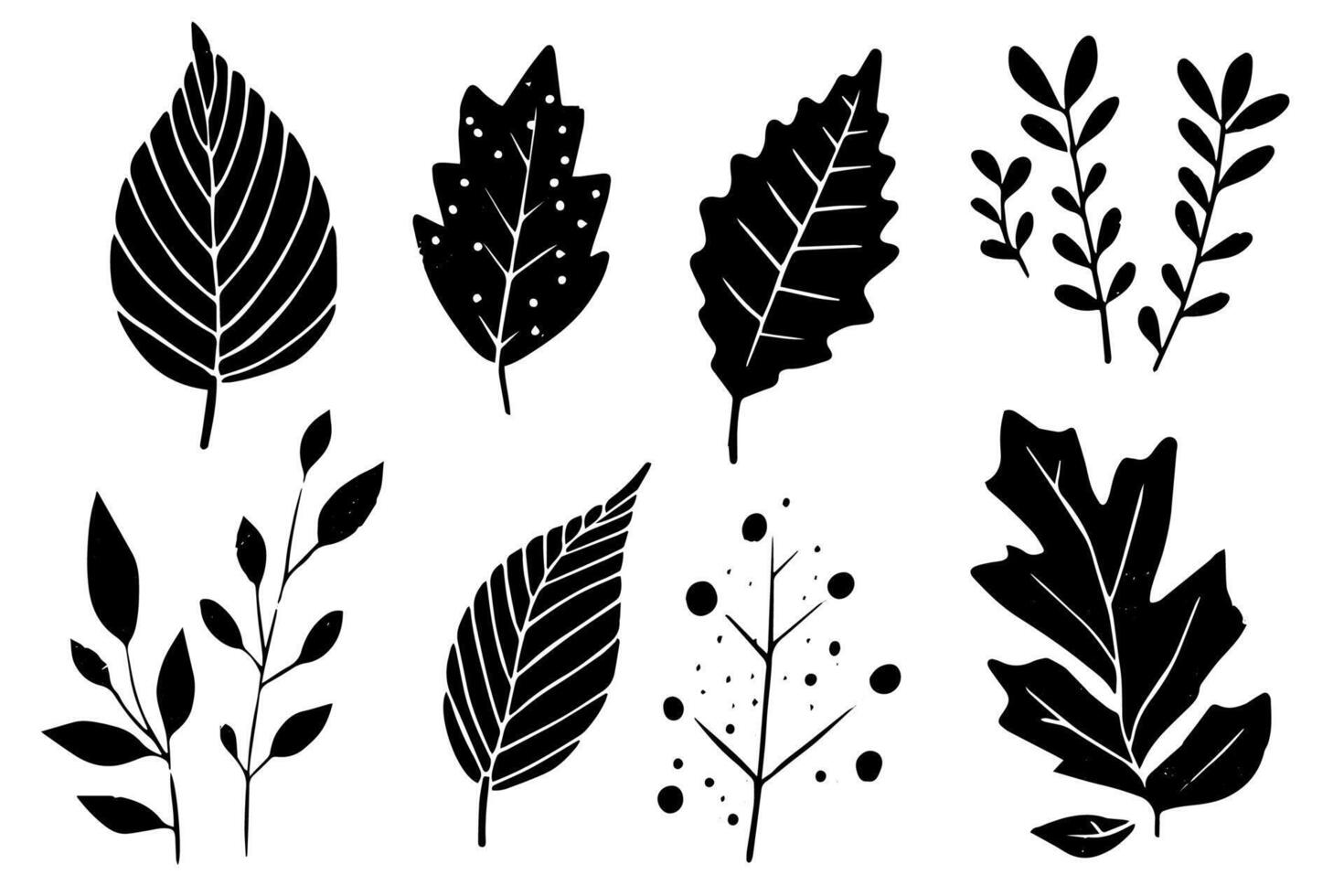 Set of lino cut stamp black leaves and branch imprints on white background. Hand drawn floral elements. vector