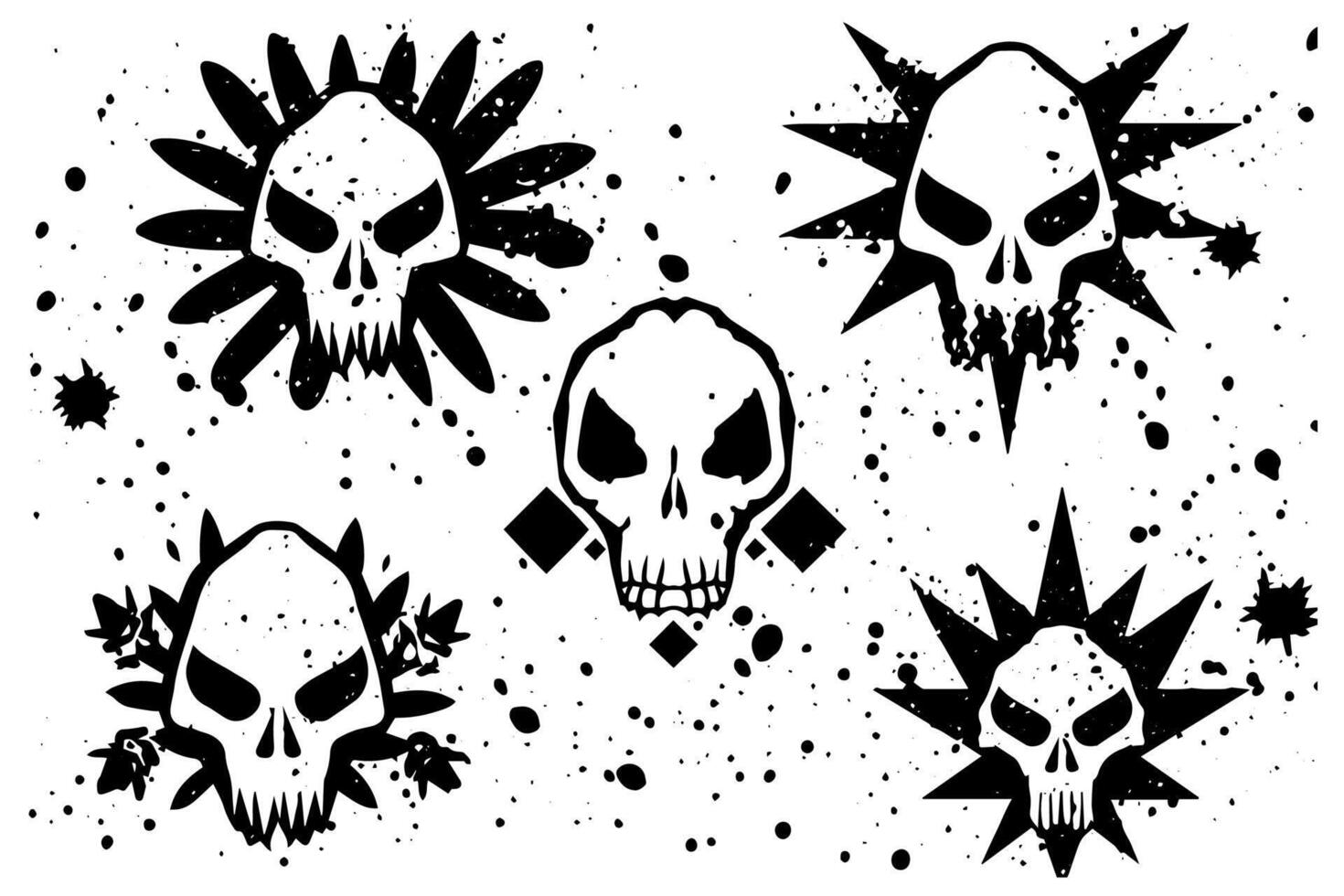 Set of hand drawn sketch grunge ink graphiti doodle scull. Tattoo collection. Illustration pack. vector