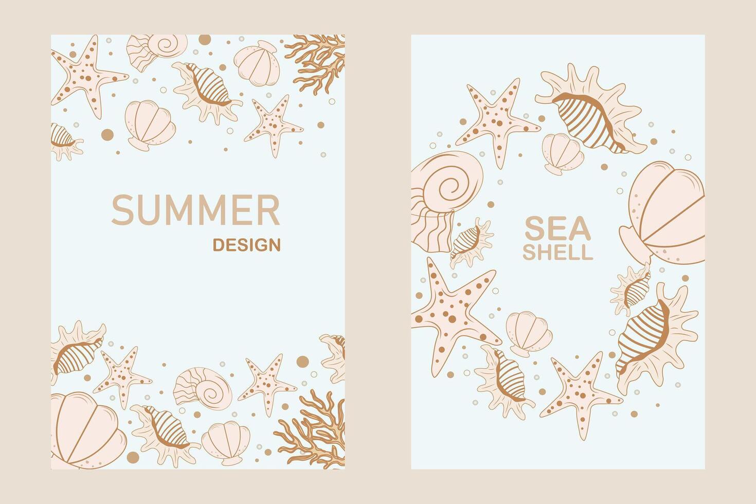 Marine summer posters with seashells. Nautical summer banner template design with starfish and corals on pastel background. Summer holiday and vacation concept with marine life elements. vector