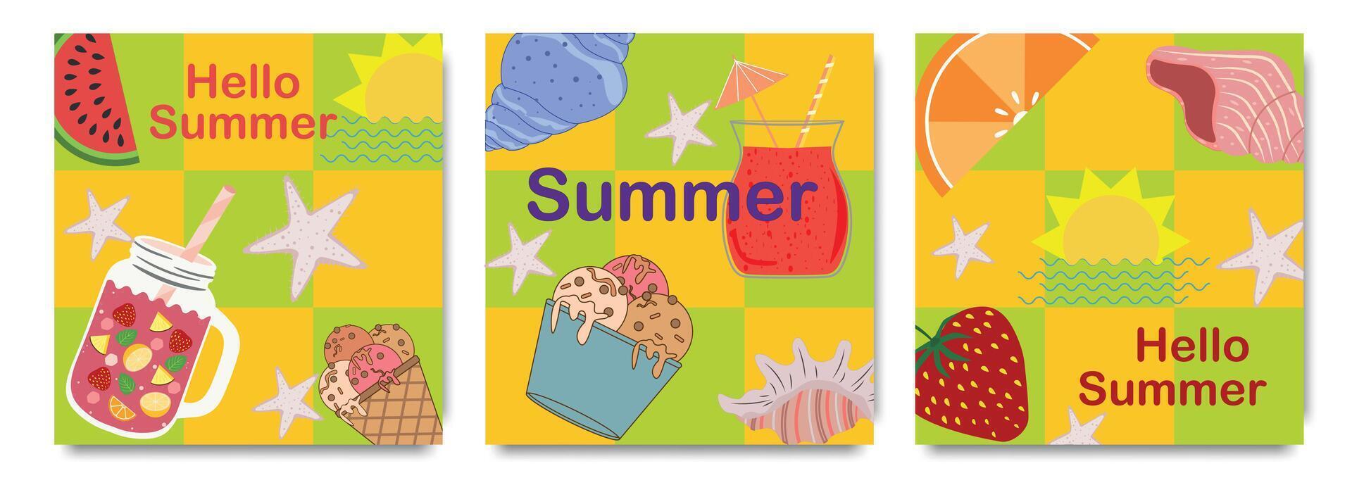 Set of abstract geometric summer posters, cards with summer elements, cocktail, sea shells, Ice cream, fruits. Colorful cocktail party invitation, summer background, cover. vector