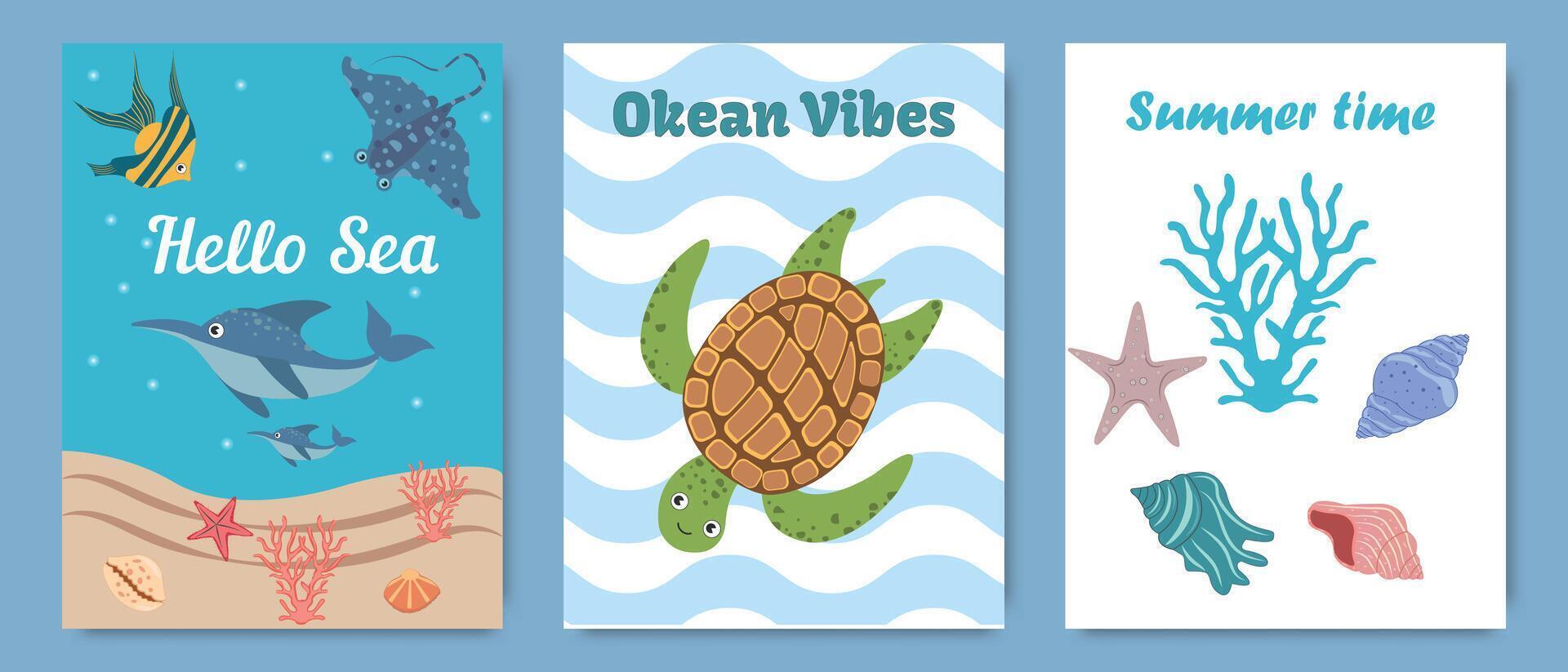 Summer posters with marine life elements. Nautical summer banner template design with starfish, shells, coral, turtle, fish. Summer holiday and vacation concept with cartoon cute sea life elements. vector