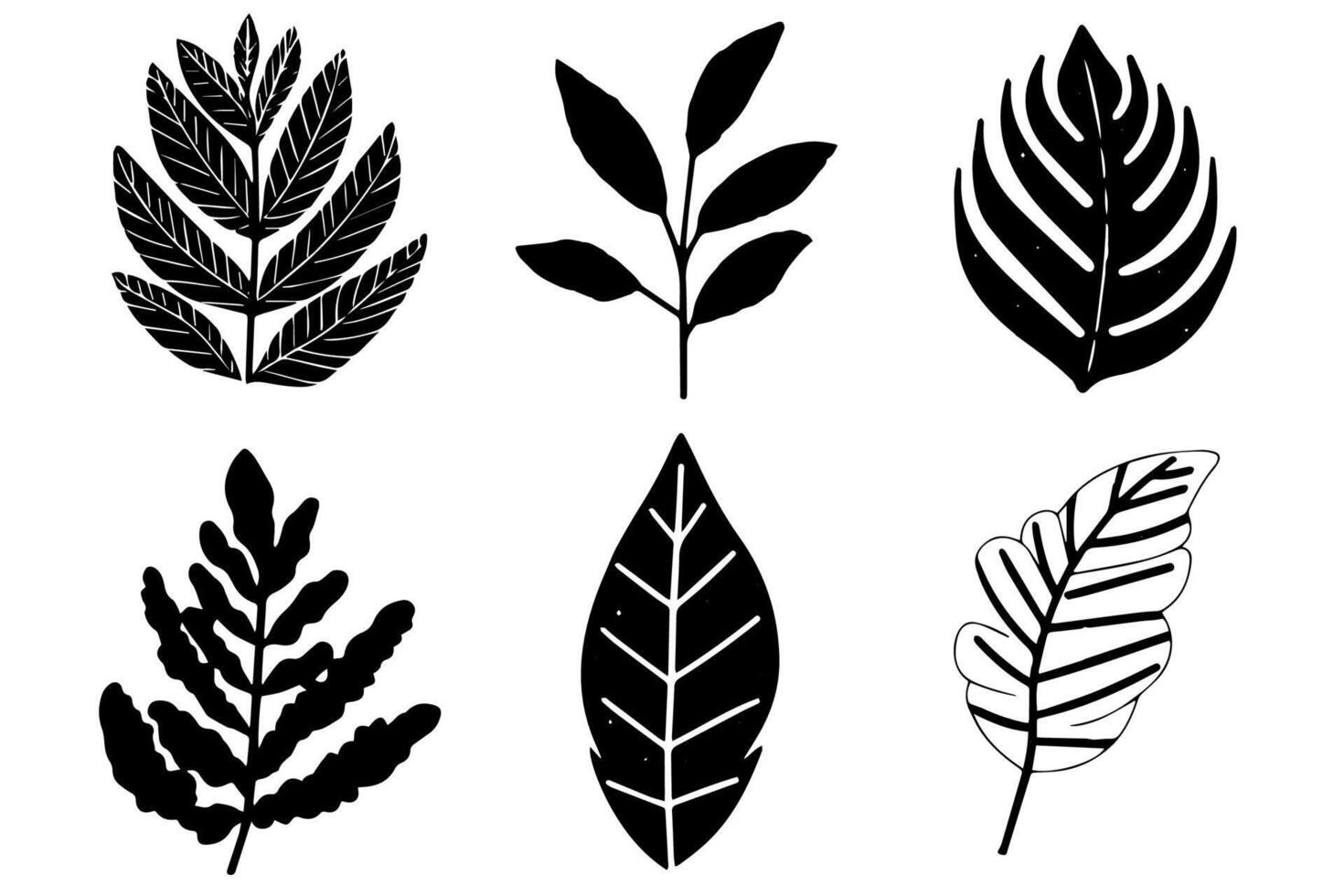 Set of lino cut stamp black leaves and branch imprints on white background. Hand drawn floral elements. vector