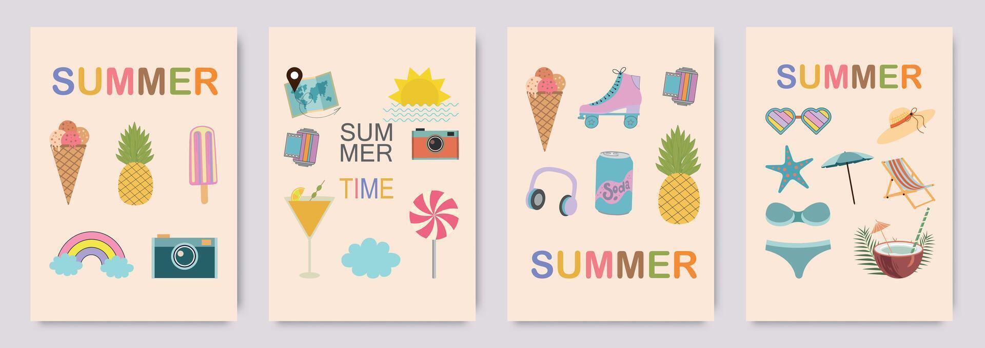 Set of cute modern summer posters, cards. Ice cream, fruit, sea life, cocktails. Interior print for a children's room. illustration of summer vacation, travel, vacation, wall art. vector