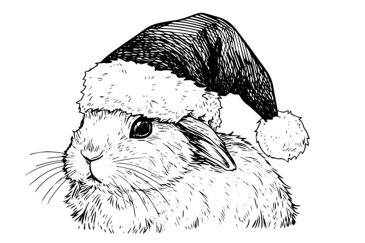 Christmas rabbit in Santa hat hand drawn ink sketch. Engraved style illustration. vector