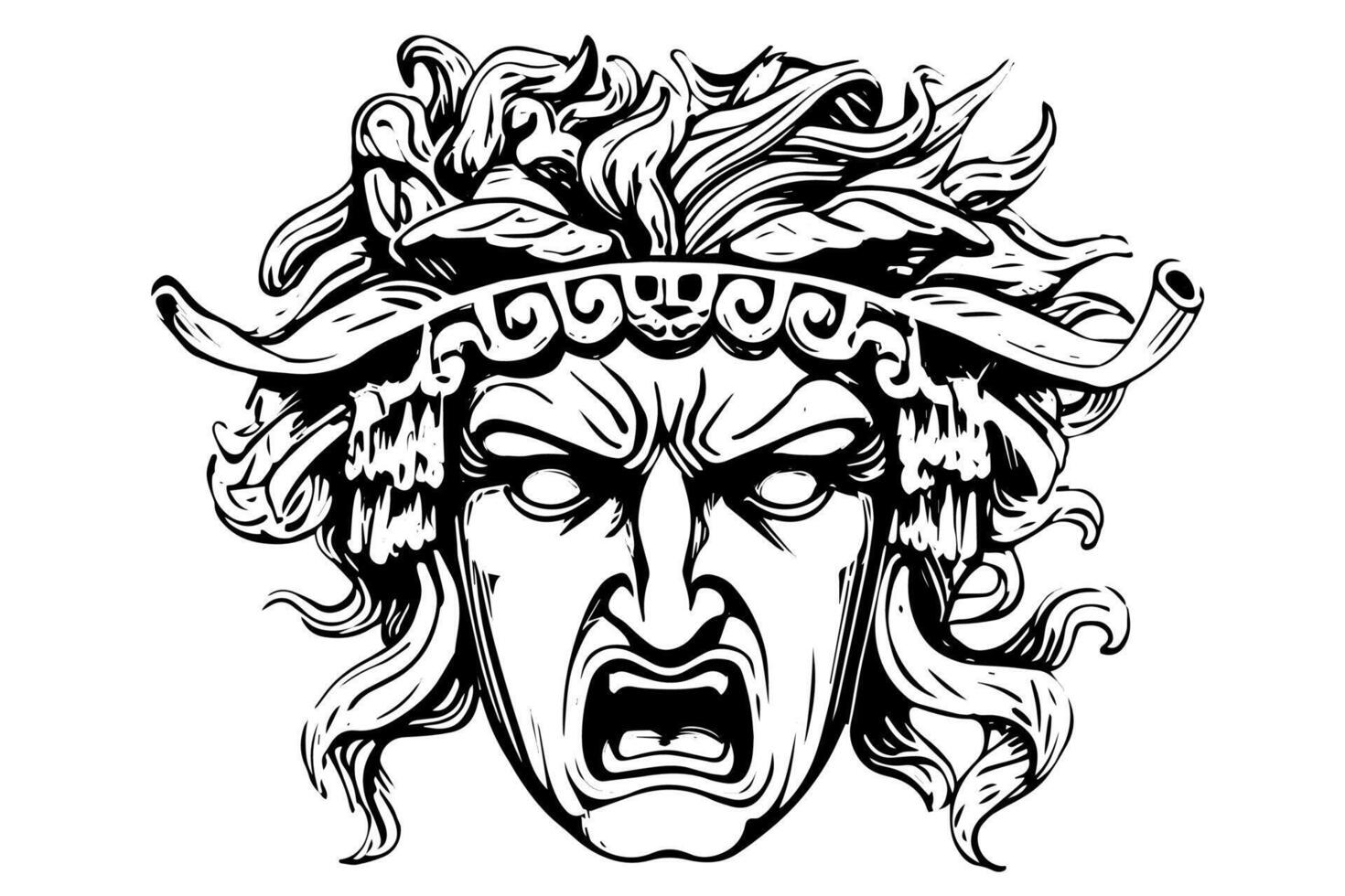 Angry hermes head hand drawn ink sketch. Engraved style illustration. vector
