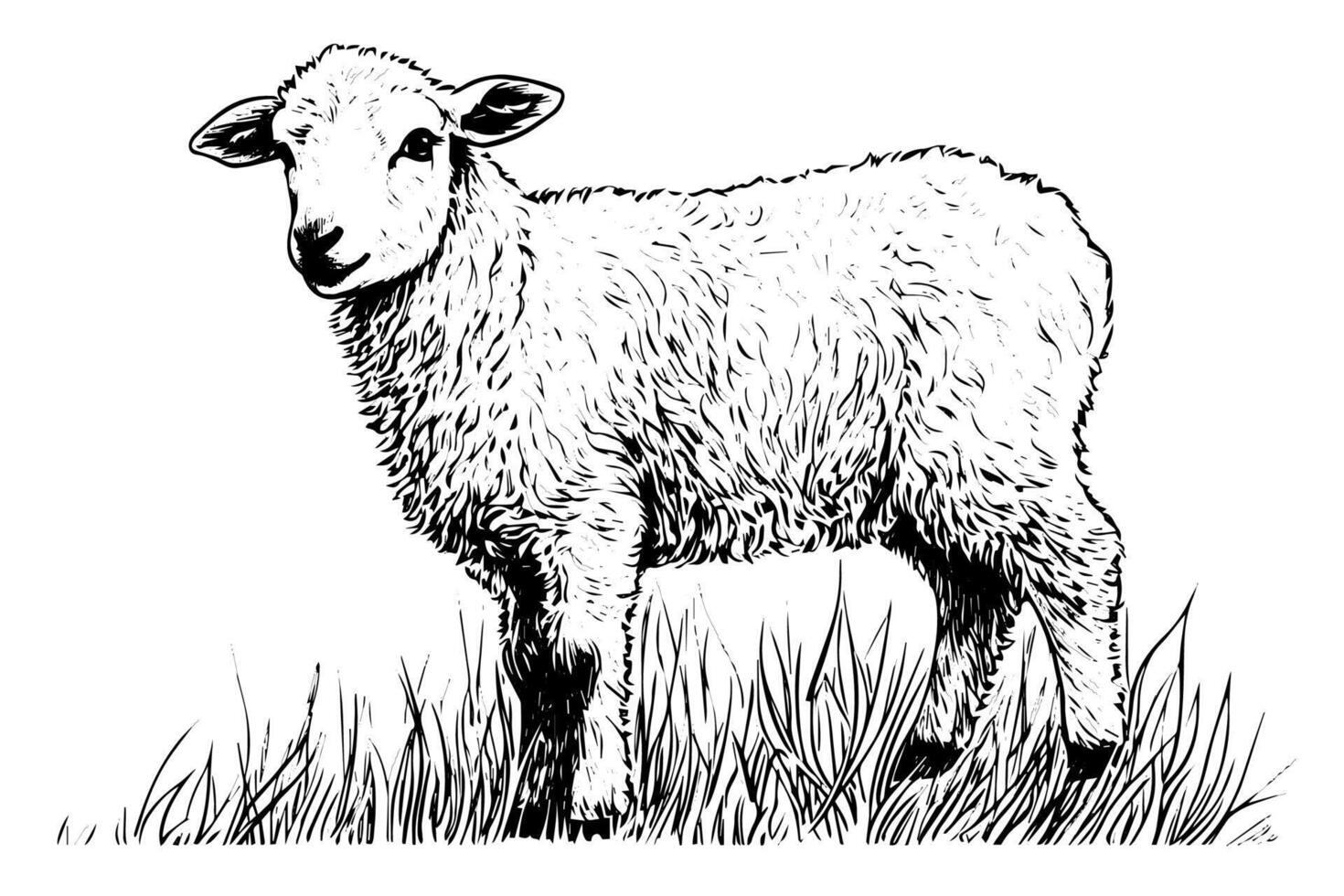 Cute sheep hand drawn ink sketch. Engraved style illustration. vector