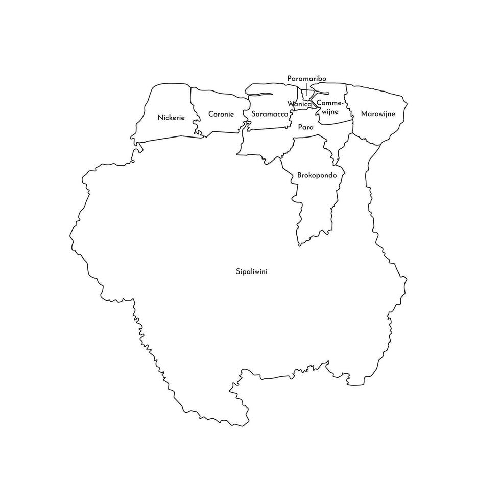 illustration of simplified administrative map of Suriname. Borders and names of the districts, regions. Black line silhouettes. vector