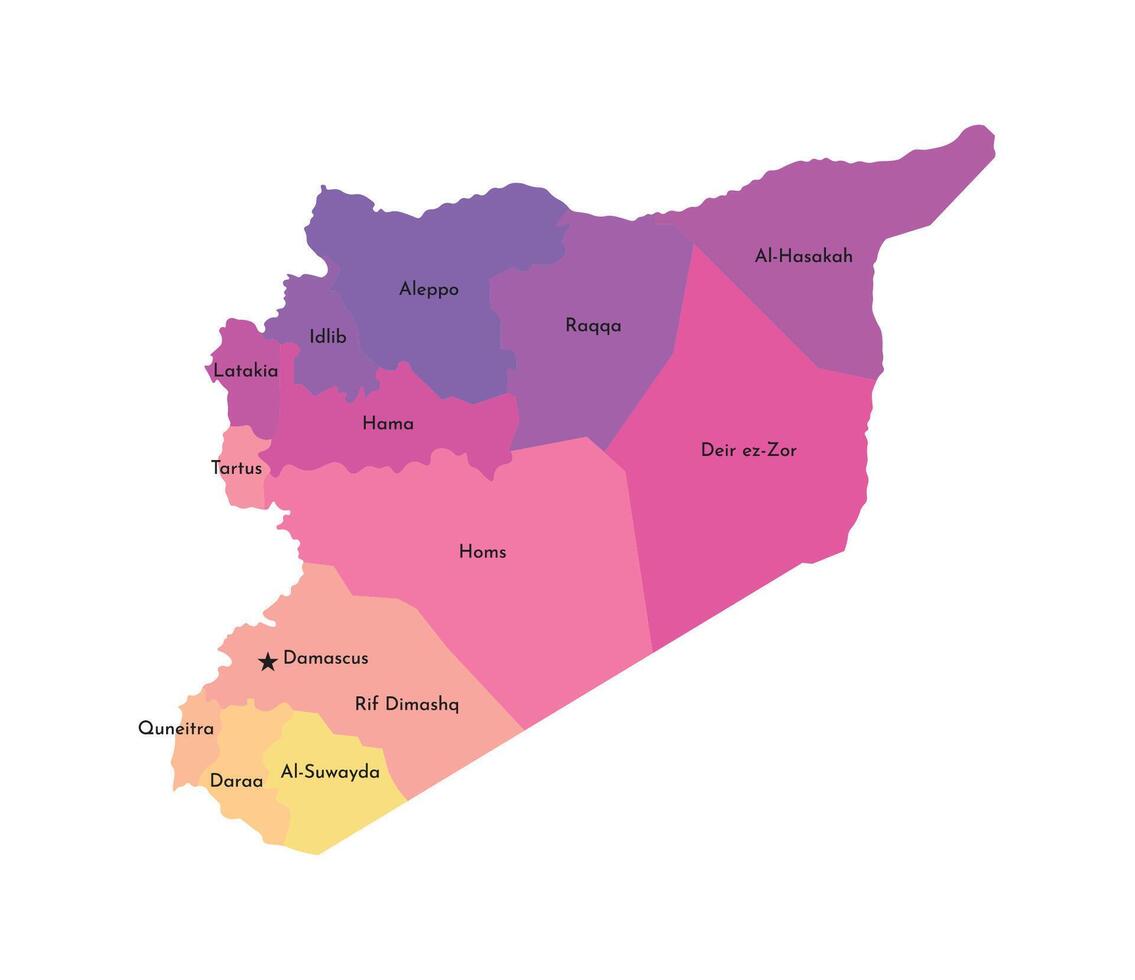 isolated illustration of simplified administrative map of Syria. Borders and names of the regions. Multi colored silhouettes. vector